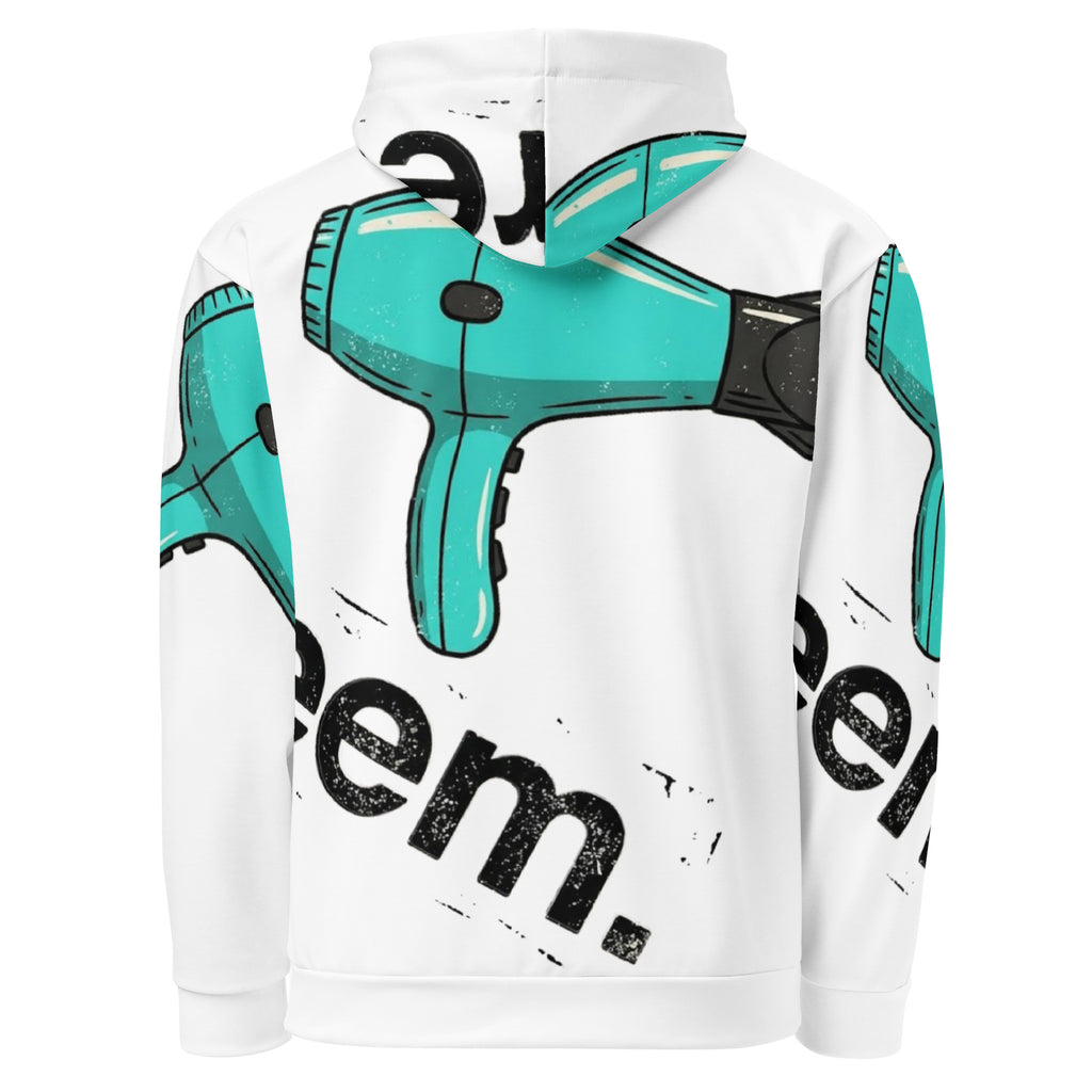 All-over print unisex cotton hoodie in white featuring "Hairdryers Are Reem" design by Reem Tees, shown from the back.