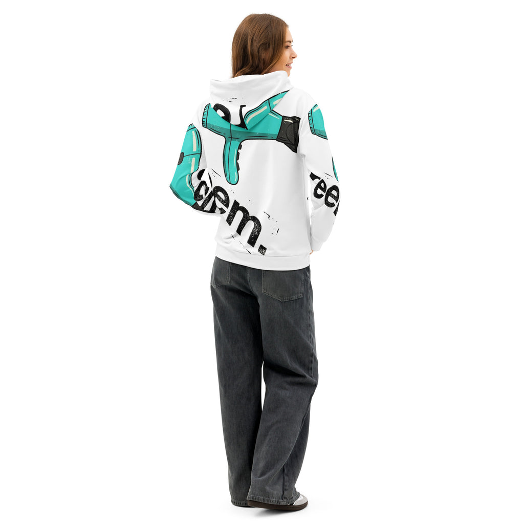 All-over print unisex cotton hoodie in white featuring Reem Tees design on the back.