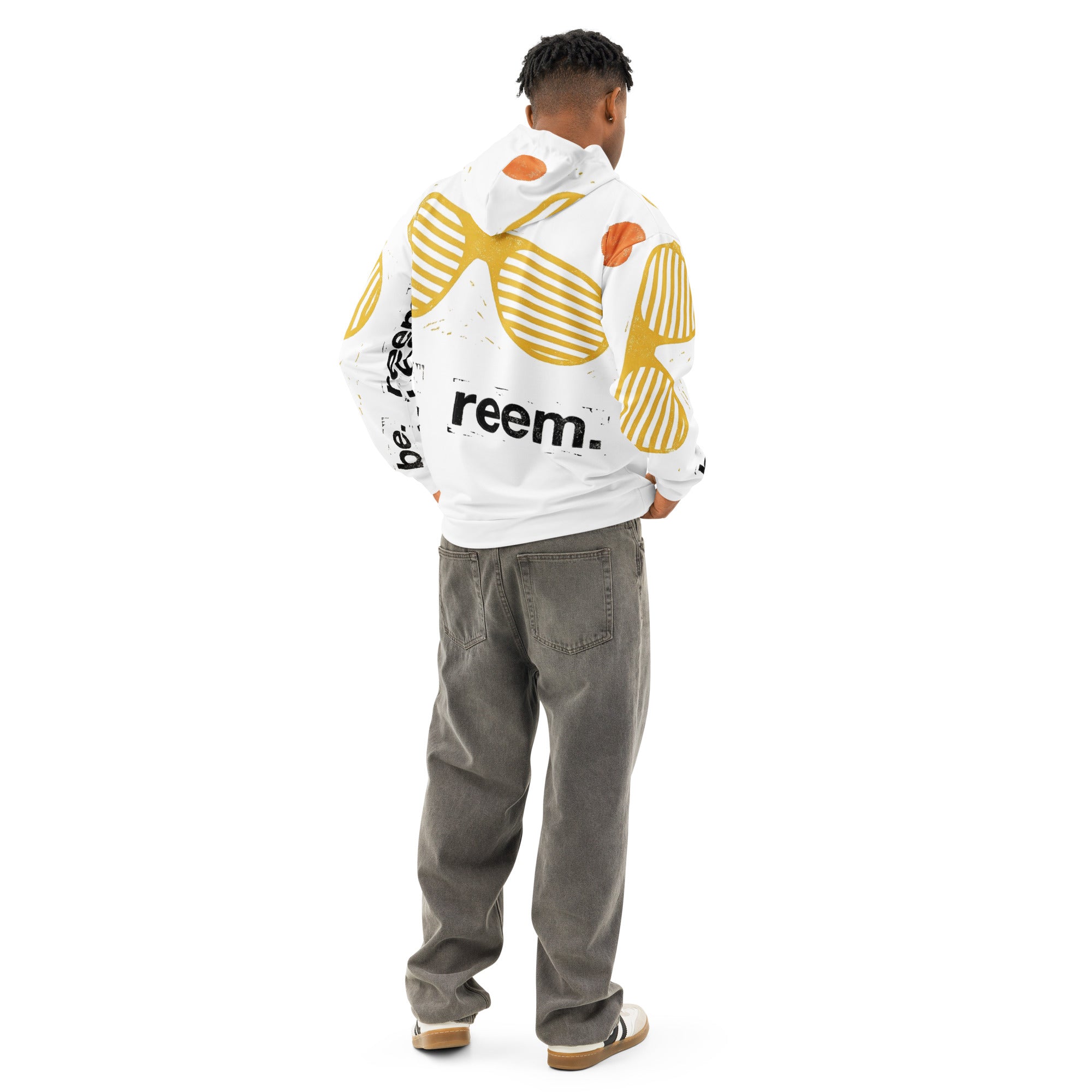 White all-over print unisex hoodie by Reem Tees, featuring a vibrant design and a comfortable fit.