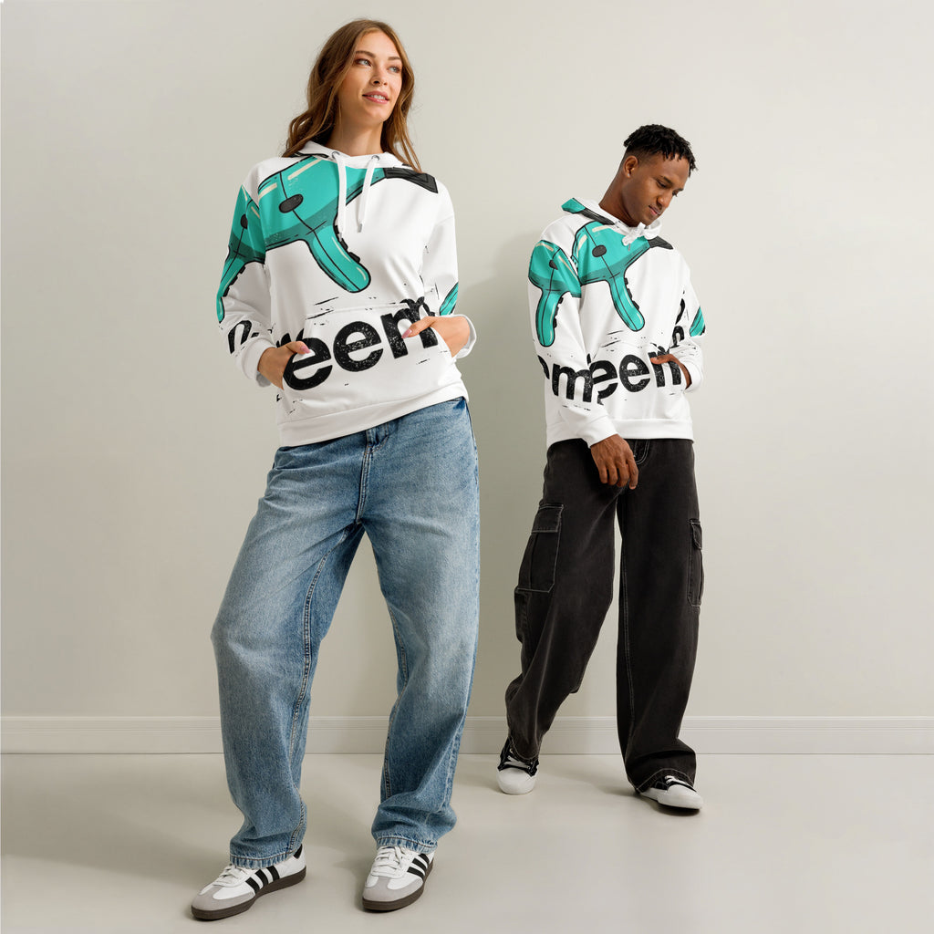 All-over print white unisex cotton hoodie featuring "Hairdryers Are Reem" design by Reem Tees.