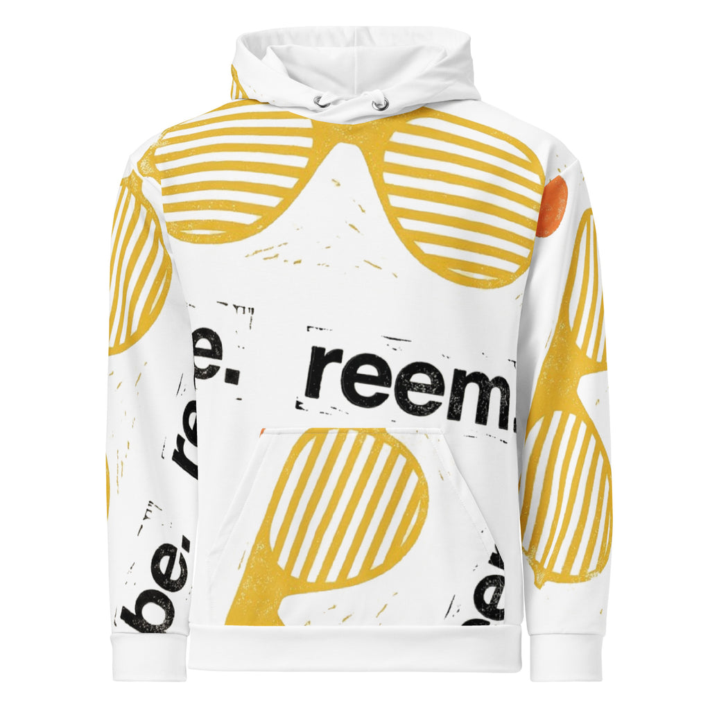 Be Reem all-over print unisex cotton hoodie in white, featuring a vibrant design and front kangaroo pocket.