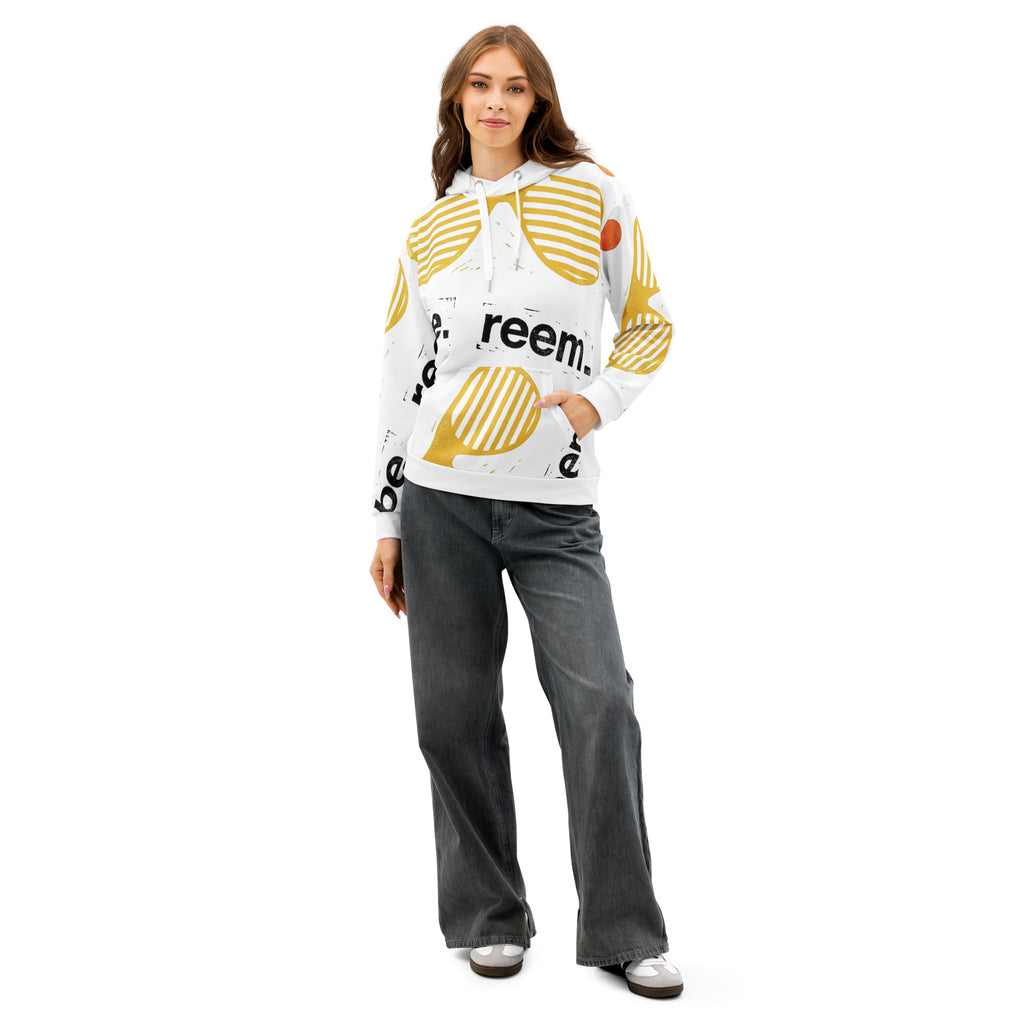 Be Reem all-over print unisex cotton hoodie in white, featuring a stylish design from Reem Tees, front view.