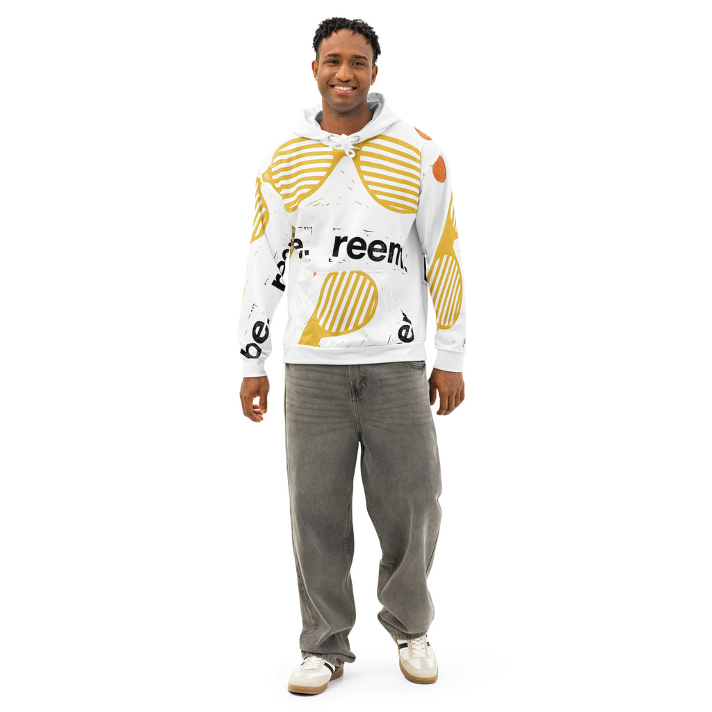White unisex hoodie with all-over print design by Reem Tees, showcasing a casual and stylish look.