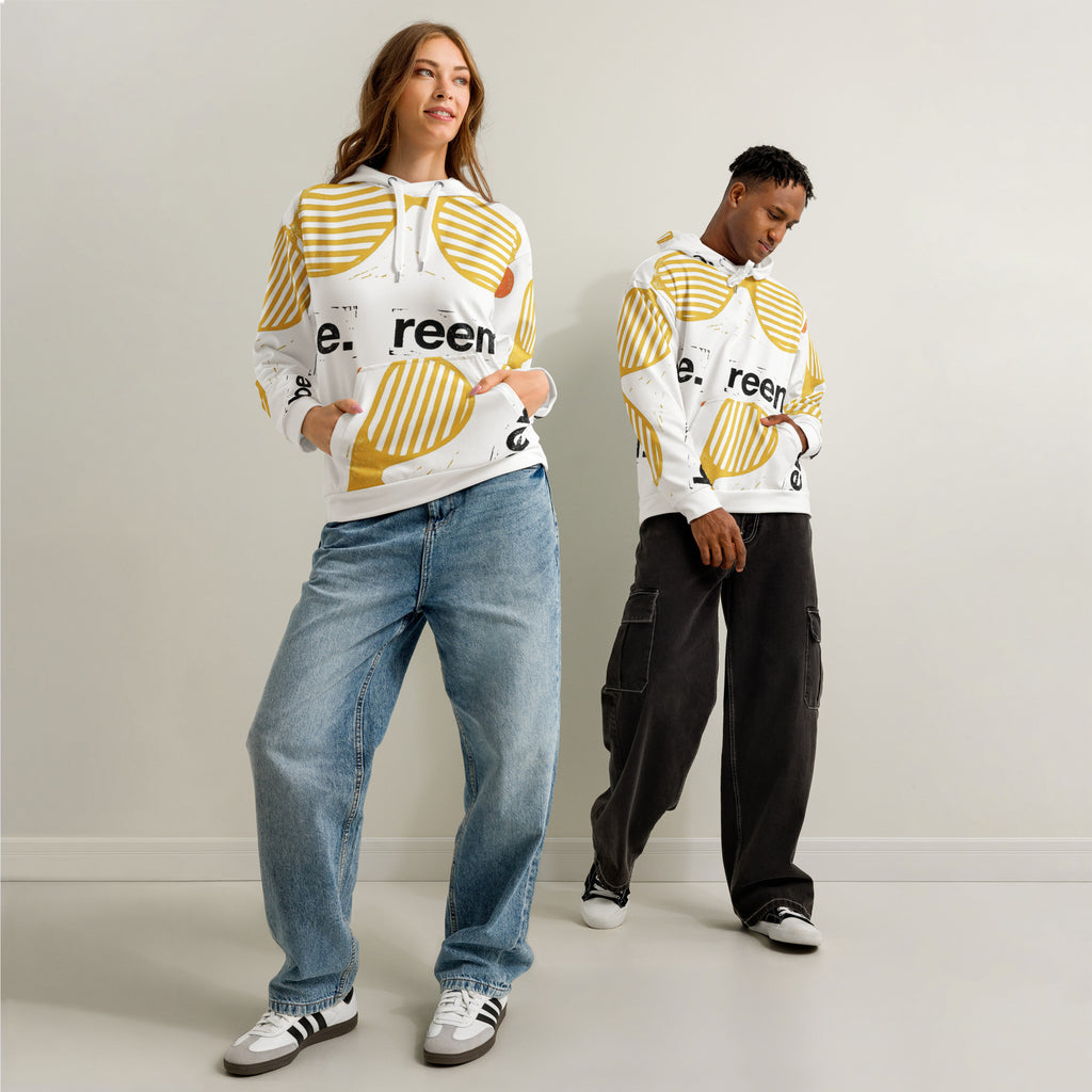 Be Reem all-over print unisex hoodie in white, showcasing a vibrant design and soft cotton fabric.