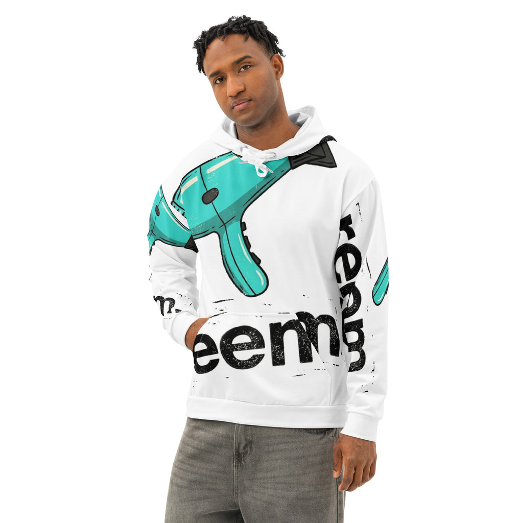 All-over print unisex cotton hoodie in white featuring "Hairdryers Are Reem" design by Reem Tees.