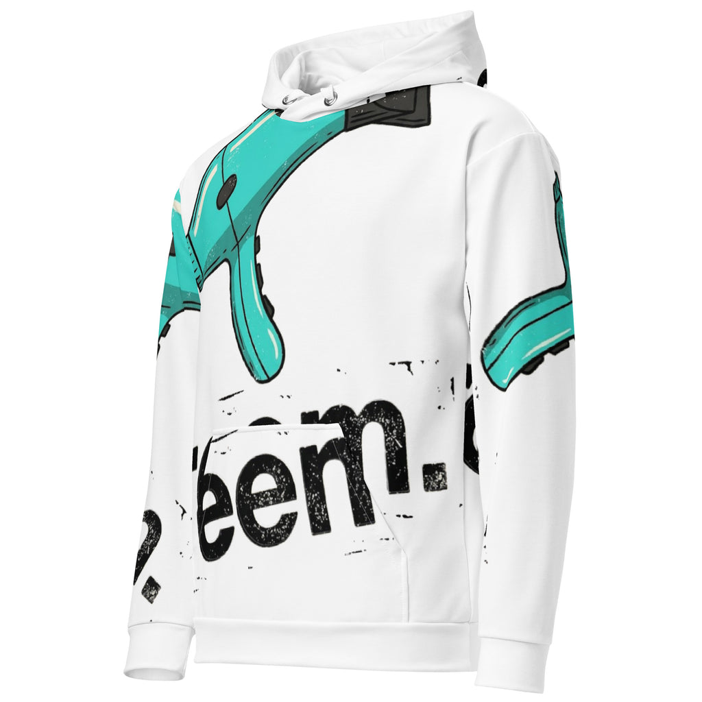 All-over print unisex cotton hoodie in white featuring "Hairdryers Are Reem" design by Reem Tees.