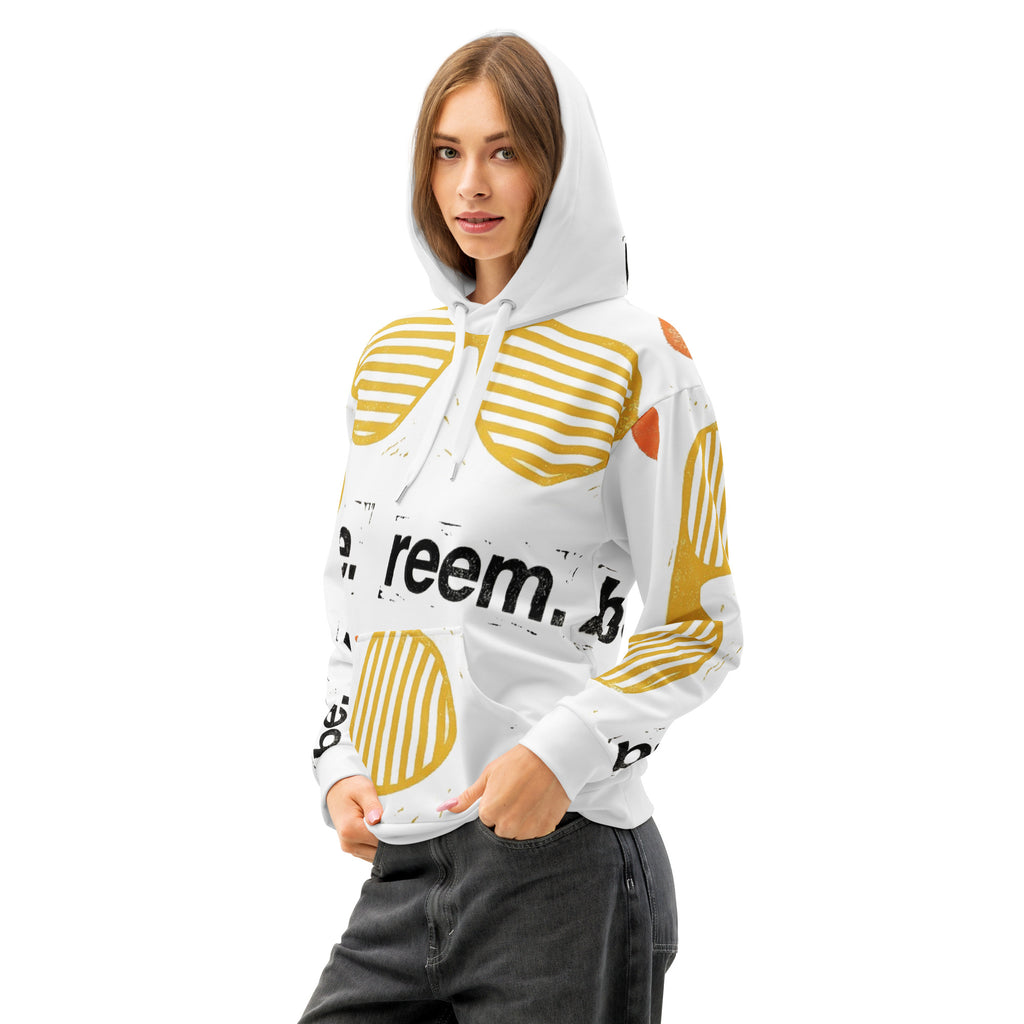 Be Reem all-over print unisex hoodie in white, showcasing a stylish design and comfortable fit from Reem Tees.