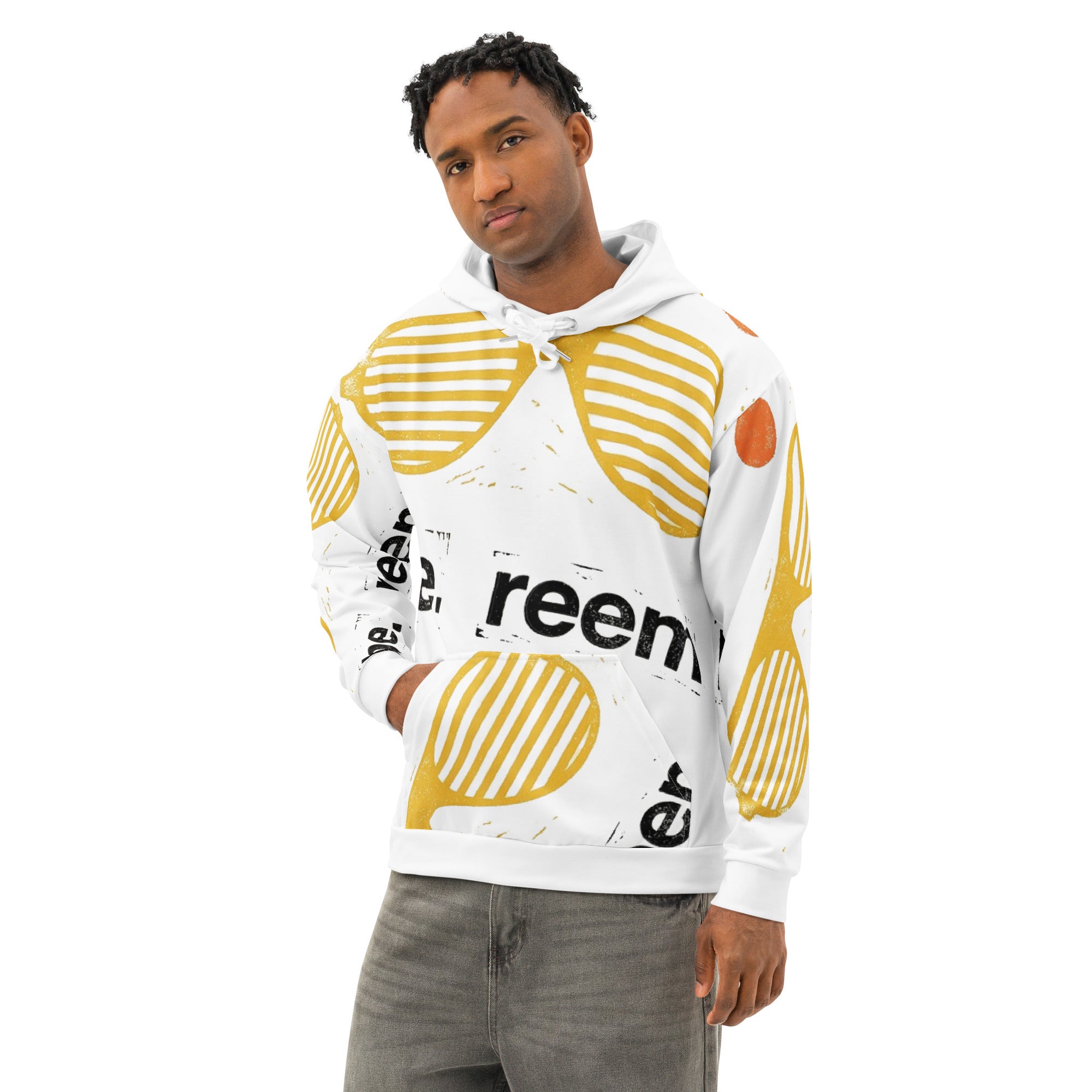 Be Reem all-over print unisex hoodie in white, showcasing a stylish design from Reem Tees, viewed from the left front.
