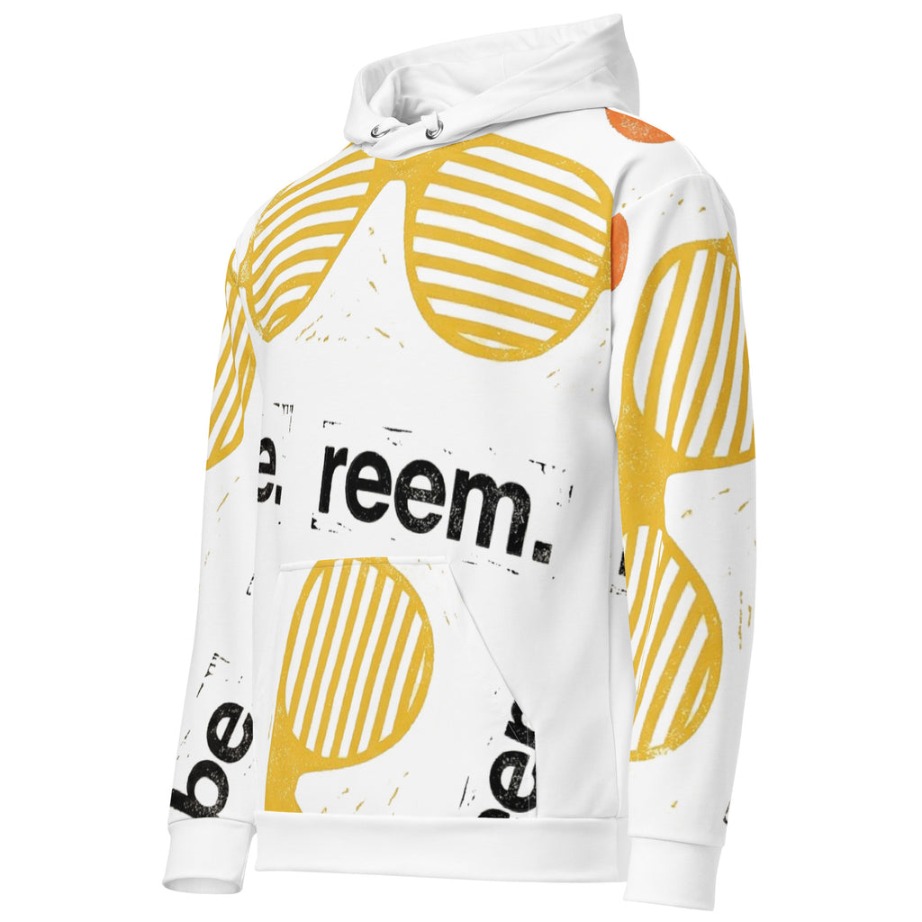 All-over print white unisex cotton hoodie from Reem Tees, featuring a stylish design and comfortable fit.