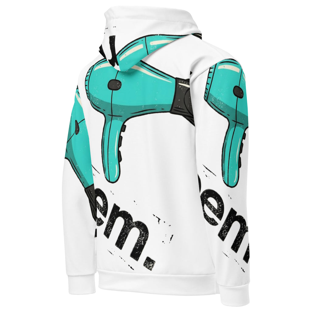 White all-over print unisex cotton hoodie featuring "Hairdryers Are Reem" design by Reem Tees, shown from the right back.