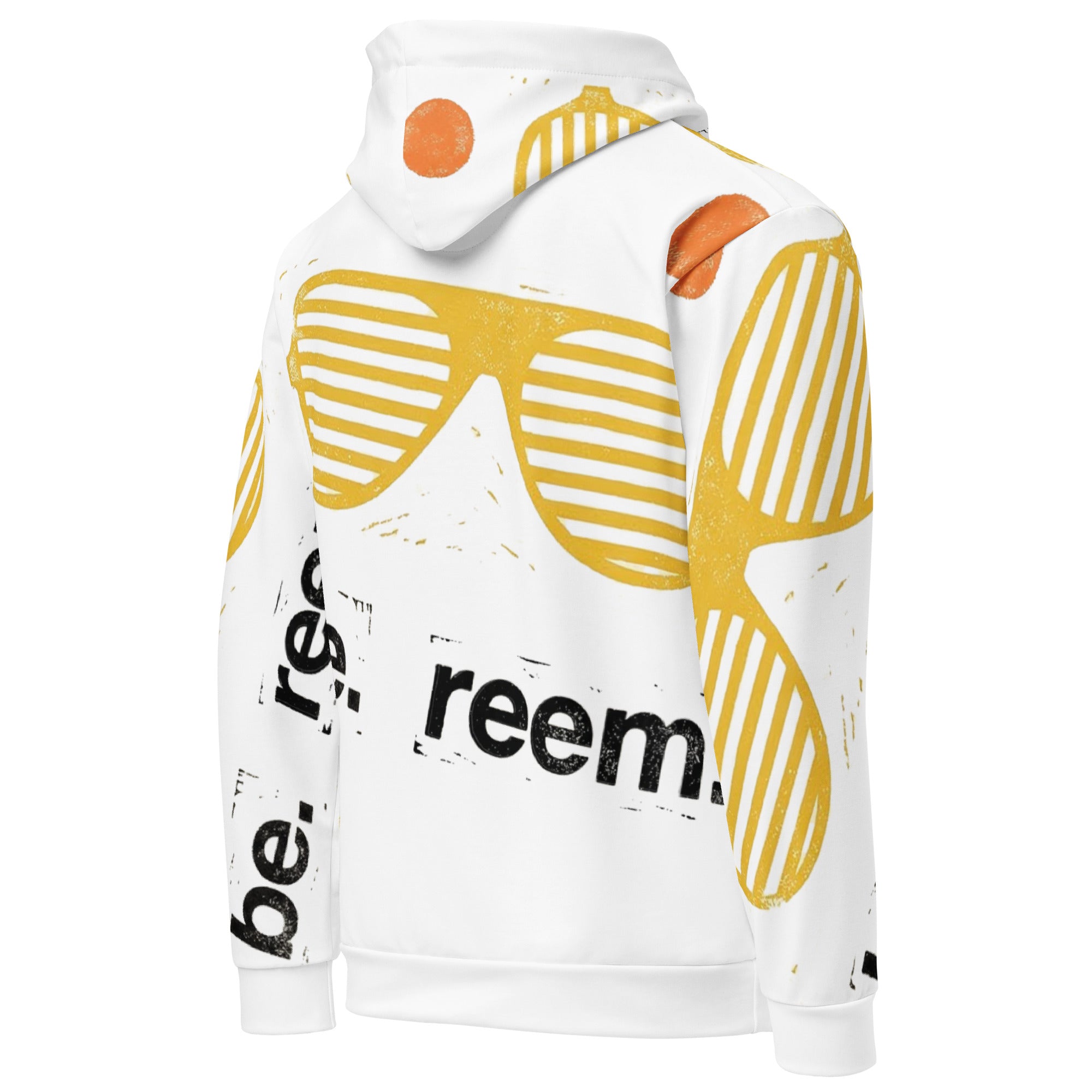 Be Reem all-over print unisex hoodie by Reem Tees, featuring a vibrant design in a white cotton fabric.