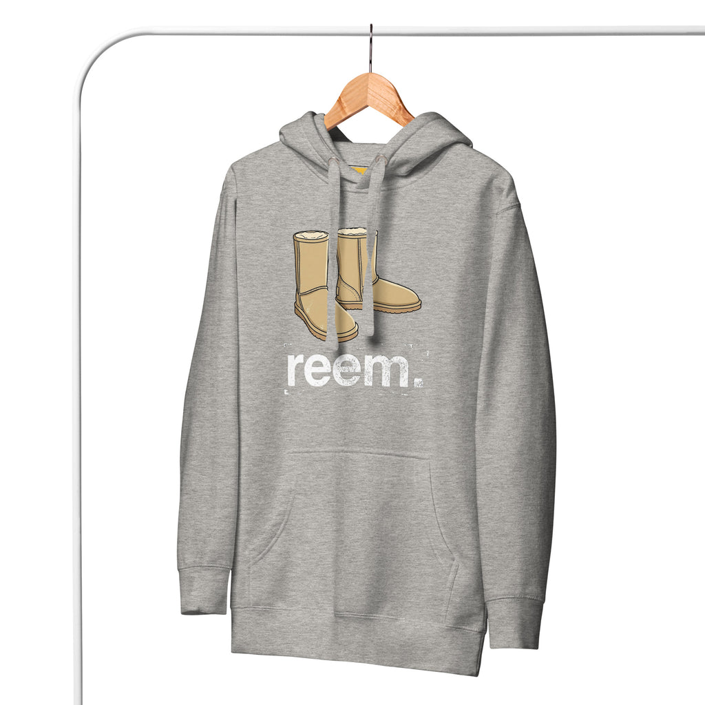 Unisex Reem Tees Classic hoodie in carbon grey featuring a light logo design, made from soft cotton fabric.
