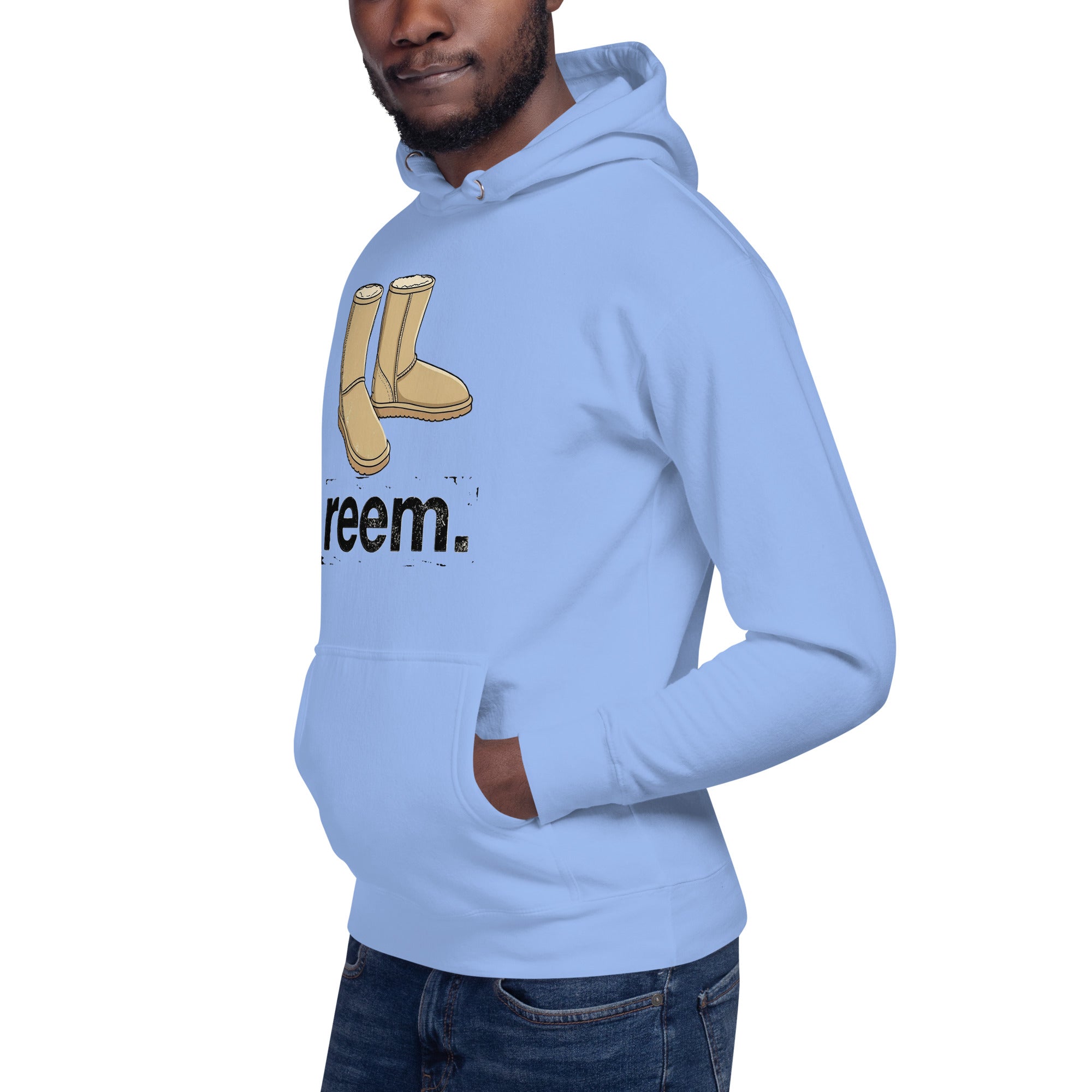 Classic unisex hoodie in Carolina blue featuring Uggs Are Reem logo by Reem Tees.