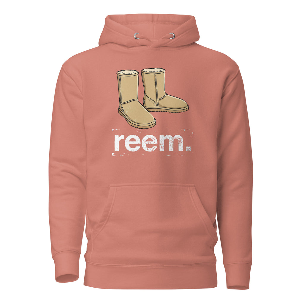 Unisex classic hoodie in dusty rose by Reem Tees featuring Uggs Are Reem light logo on the front.