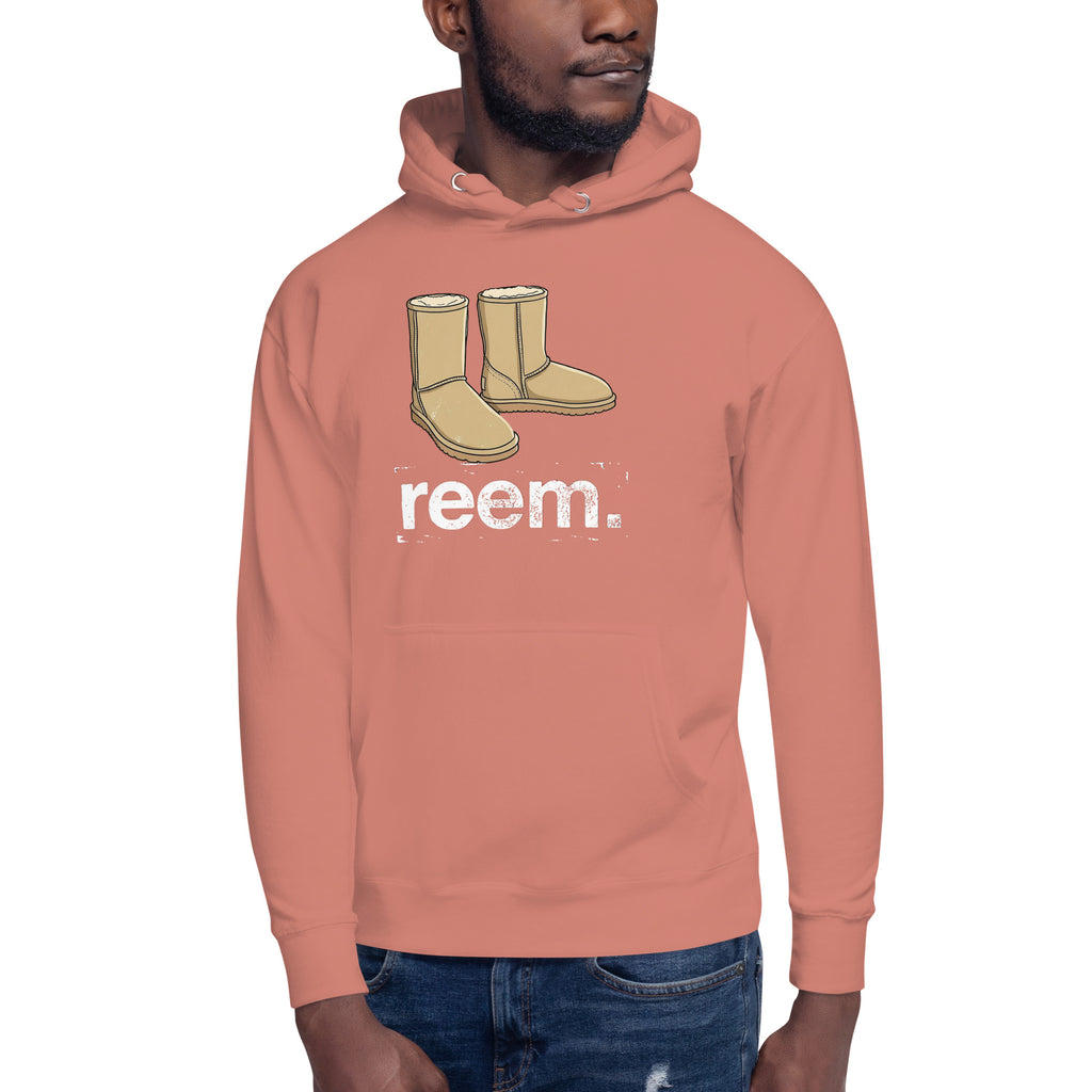 Light logo unisex hoodie in dusty rose by Reem Tees, featuring a classic pullover design and soft cotton material.