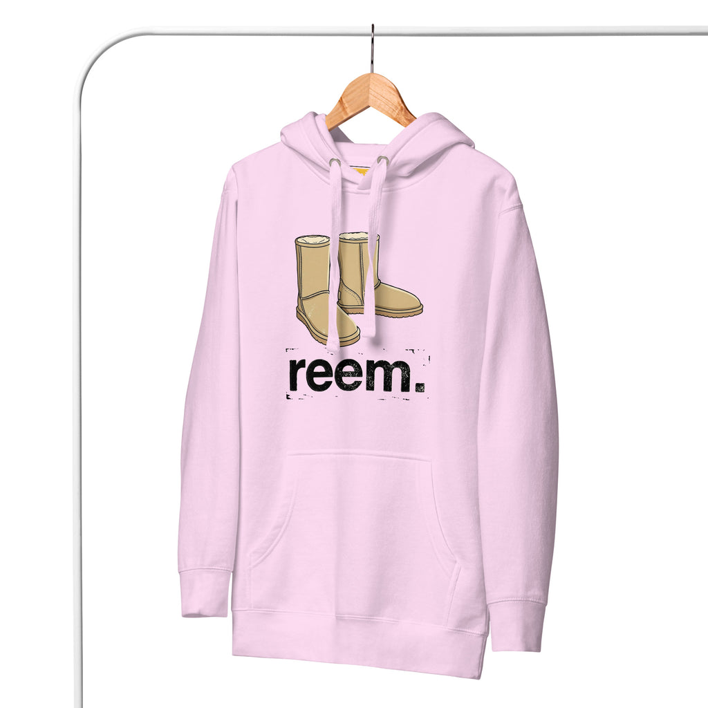 Lavender unisex hoodie featuring Uggs Are Reem logo, crafted from soft cotton by Reem Tees.