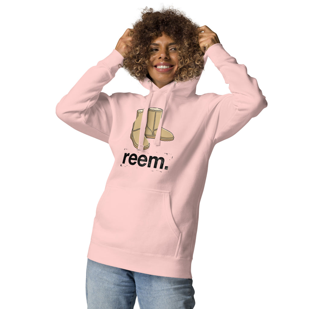 Unisex light pink hoodie featuring Uggs Are Reem dark logo by Reem Tees, showcasing a classic pullover design.