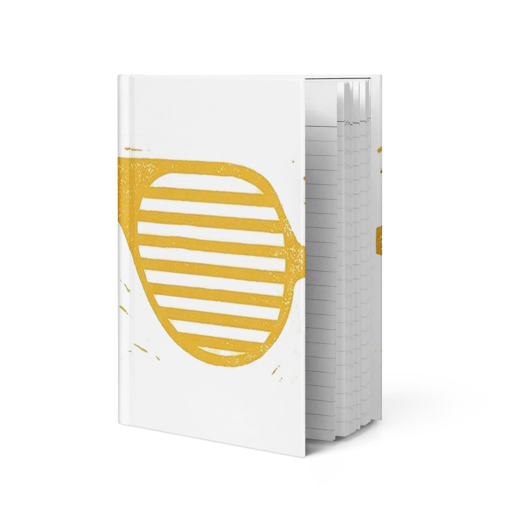 Matte white hardcover journal featuring Reem Sunglasses design, measuring 8x5.75 inches, front view.