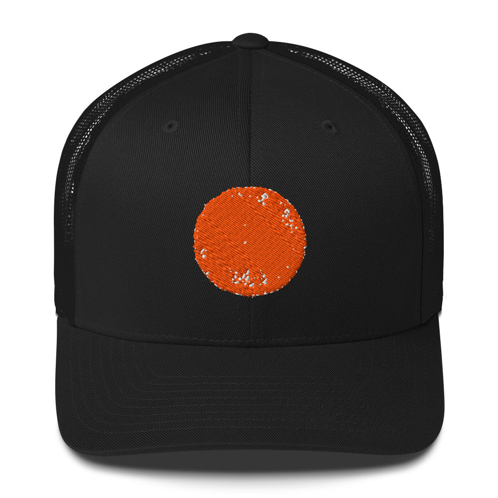 Black Be Reem Circle Trucker Cap with a retro design, featuring a curved brim and breathable mesh back.