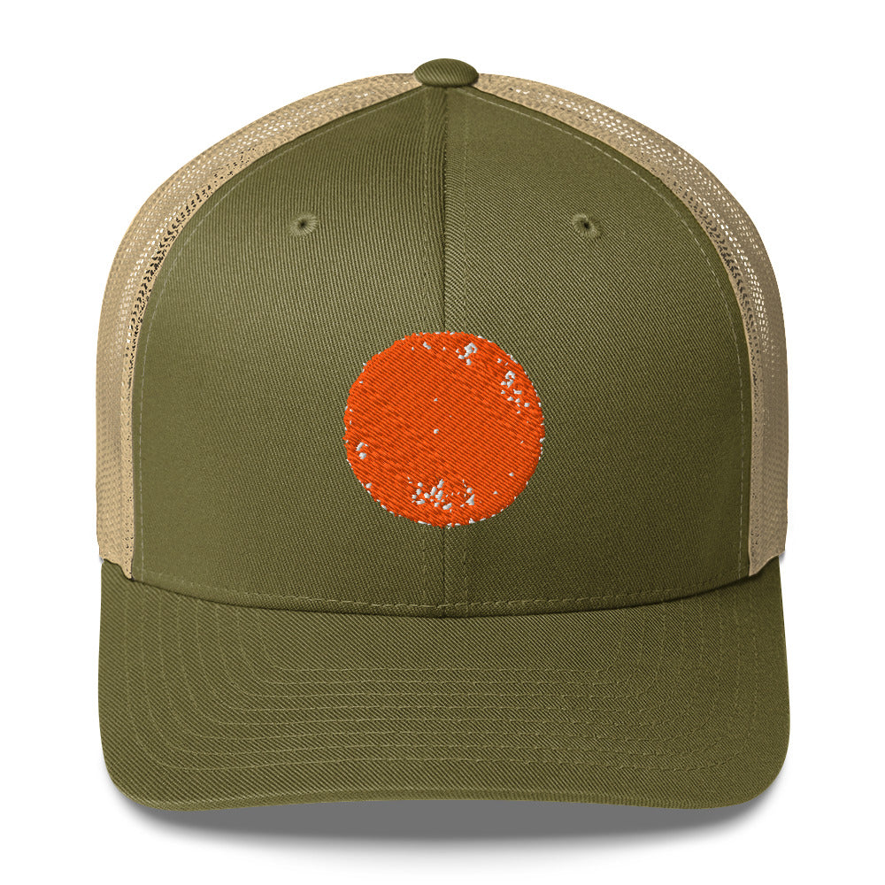 Moss khaki Be Reem Circle trucker cap with a classic front mesh design by Reem Tees.