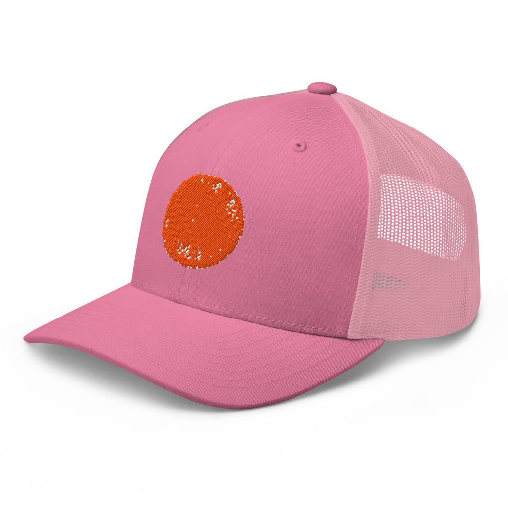 Pink Be Reem Circle trucker cap viewed from the left front, showcasing its retro style and one-size design.