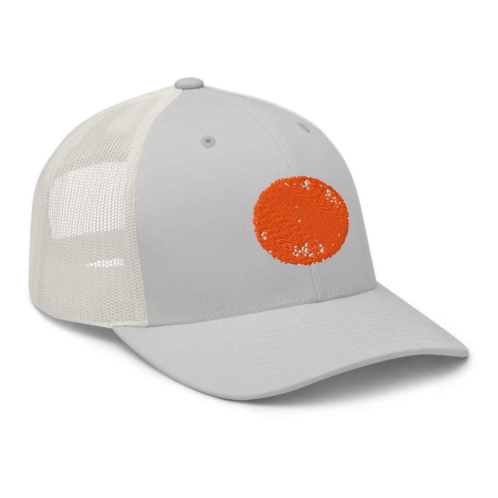 Silver Be Reem Circle trucker cap viewed from the right front, featuring a classic retro design and adjustable fit.