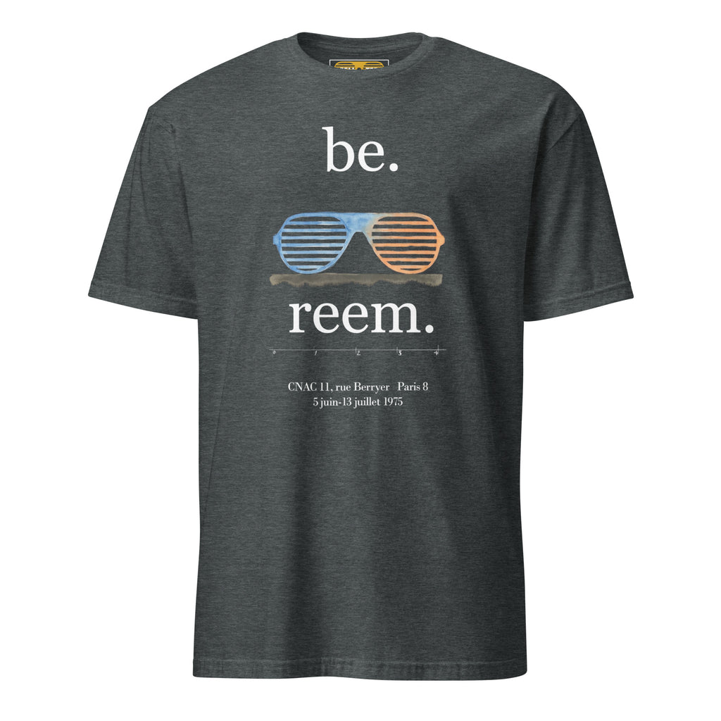 Be Reem La Lalanne light logo on a dark heather unisex short-sleeve t-shirt by Reem Tees, showcasing a casual fit.