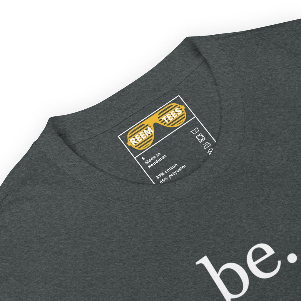 Unisex short-sleeve t-shirt by Reem Tees in dark heather with light logo design. Soft fabric for comfortable wear.