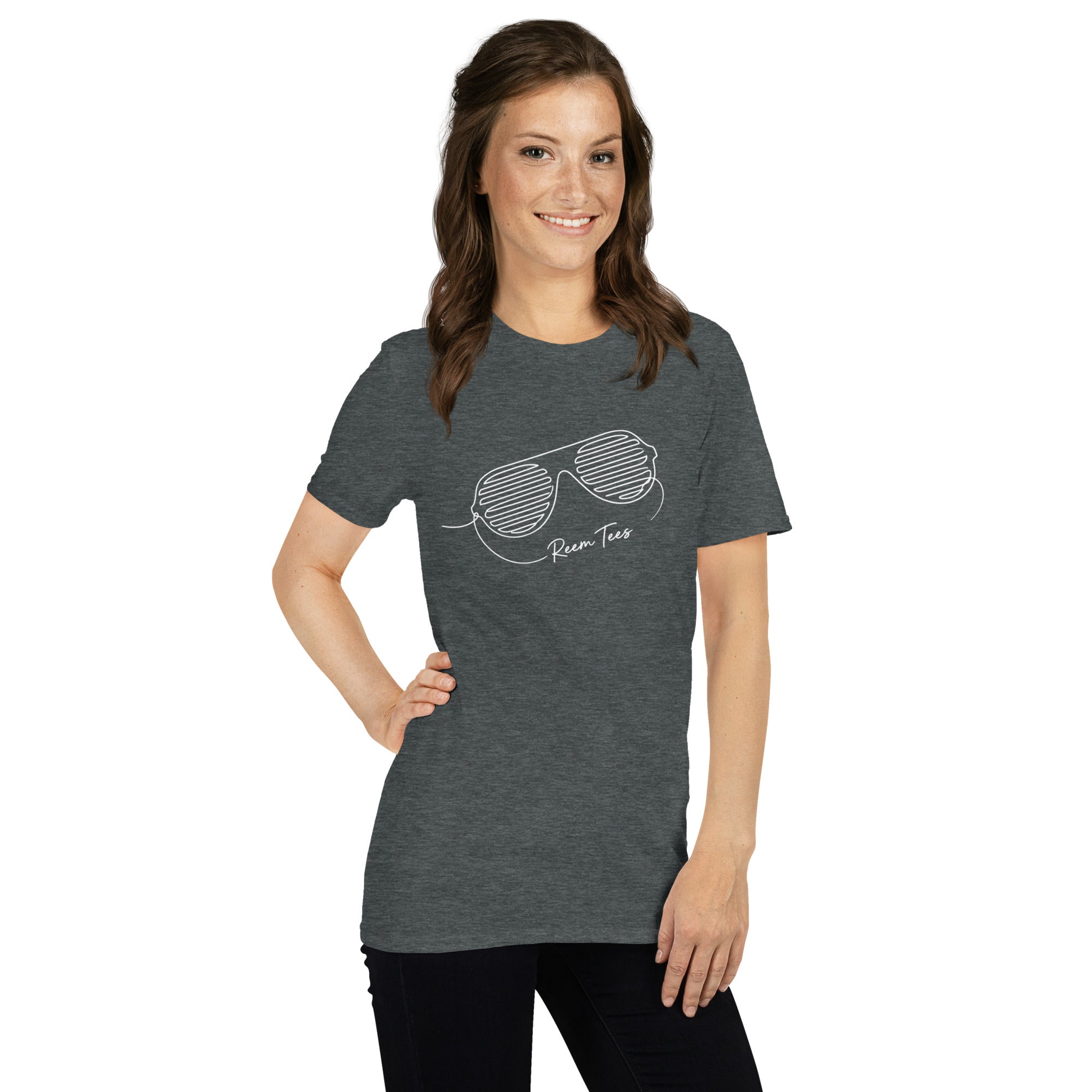 Unisex short-sleeve Reem Tees t-shirt in dark heather with a light line art logo on the front.