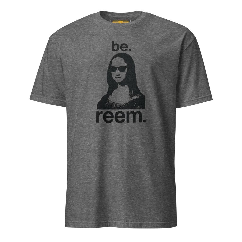 Graphite heather unisex Be Reem Mona Lisa CLASSIC tee featuring a relaxed fit and soft fabric.