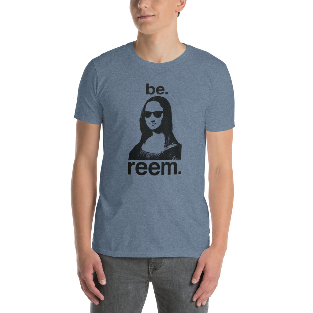 Unisex Be Reem Mona Lisa Classic tee in heather indigo, featuring a front graphic of the famous painting.