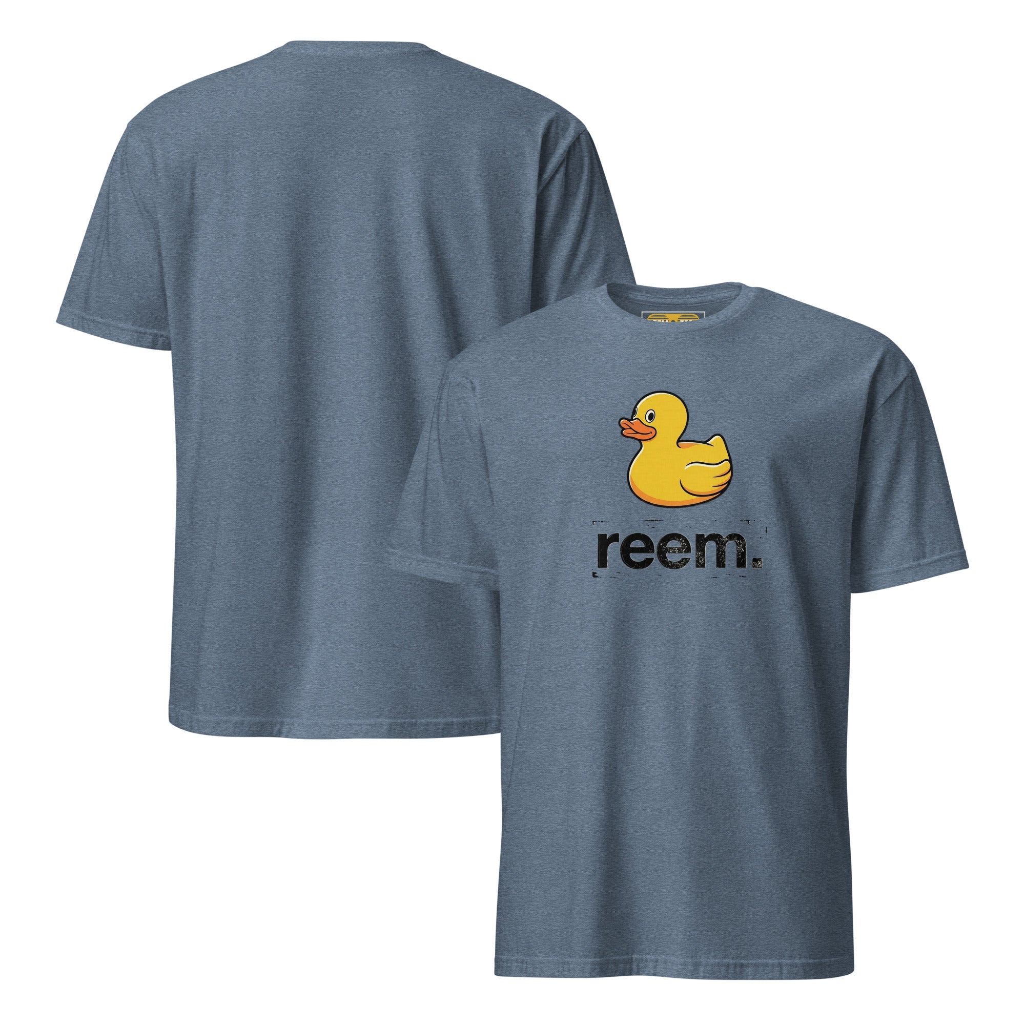 Front and back view of the Ducks Are Reem Dark Logo CLASSIC unisex tee in heather indigo by Reem Tees.