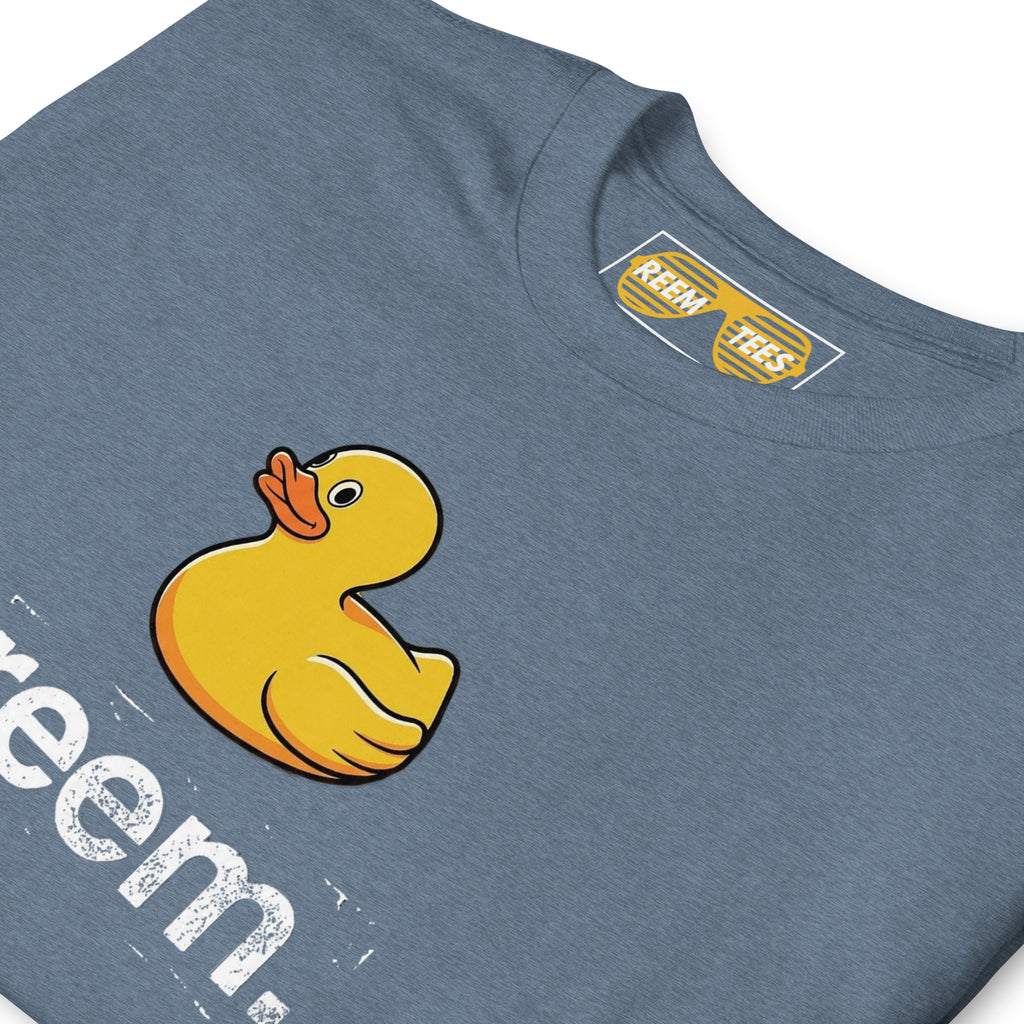 Heather indigo unisex classic tee featuring "Ducks Are Reem" light logo by Reem Tees, showcasing soft fabric texture.