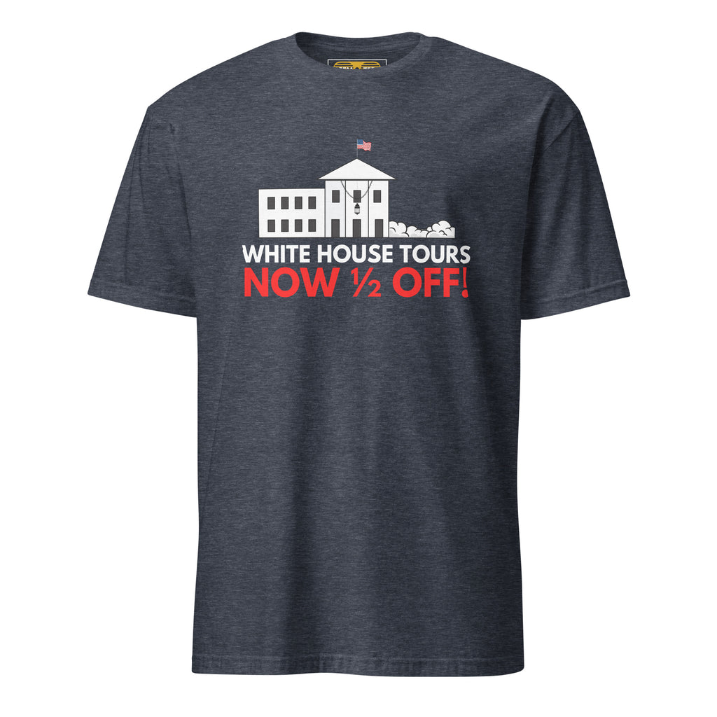 White House Tours light logo on a heather navy short-sleeve unisex t-shirt, showcasing a comfortable fit and soft fabric.