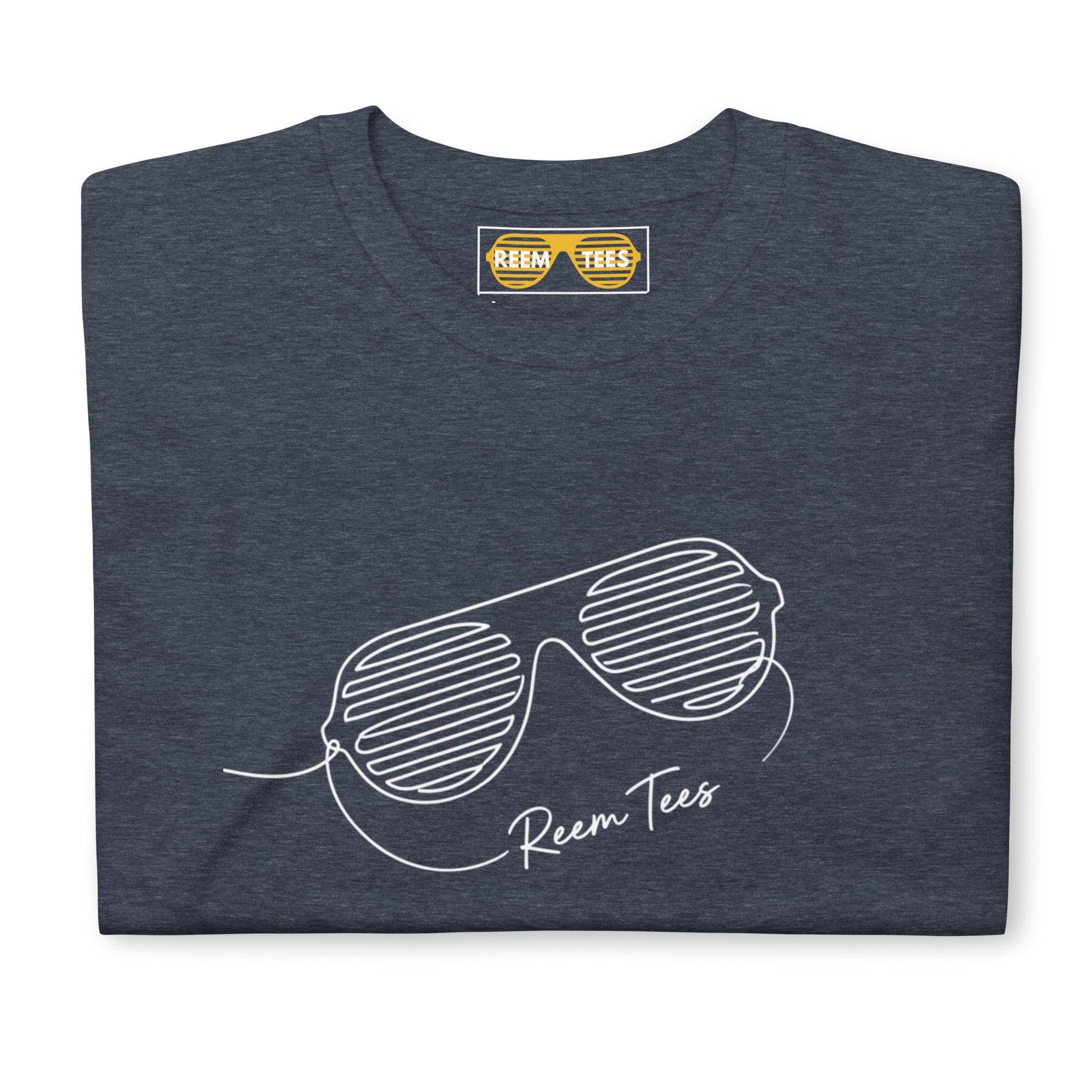 Heather navy short-sleeve unisex t-shirt featuring Reem Tees line art light logo design on the front.