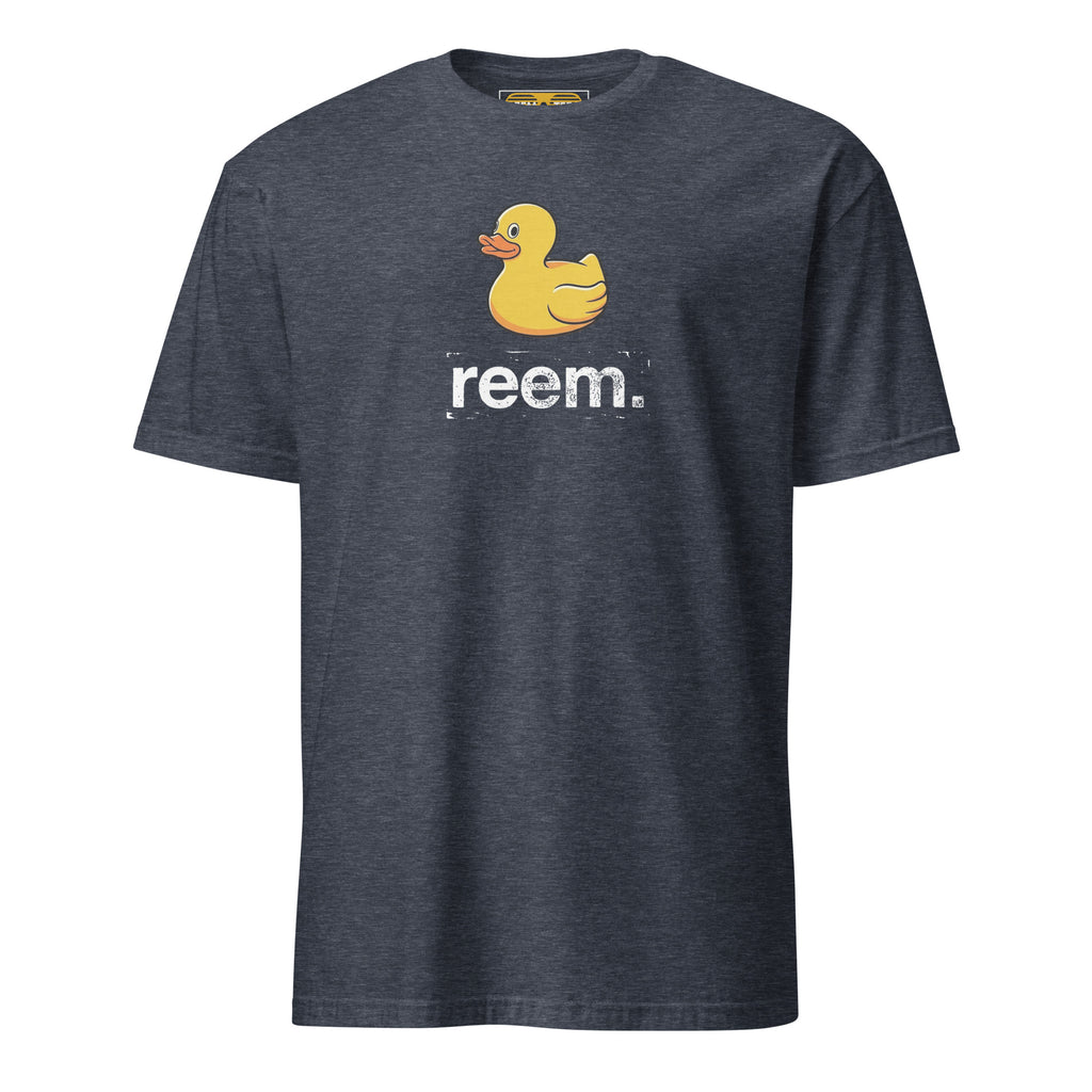 Unisex classic tee by Reem Tees in heather navy featuring a light logo of ducks on the front.
