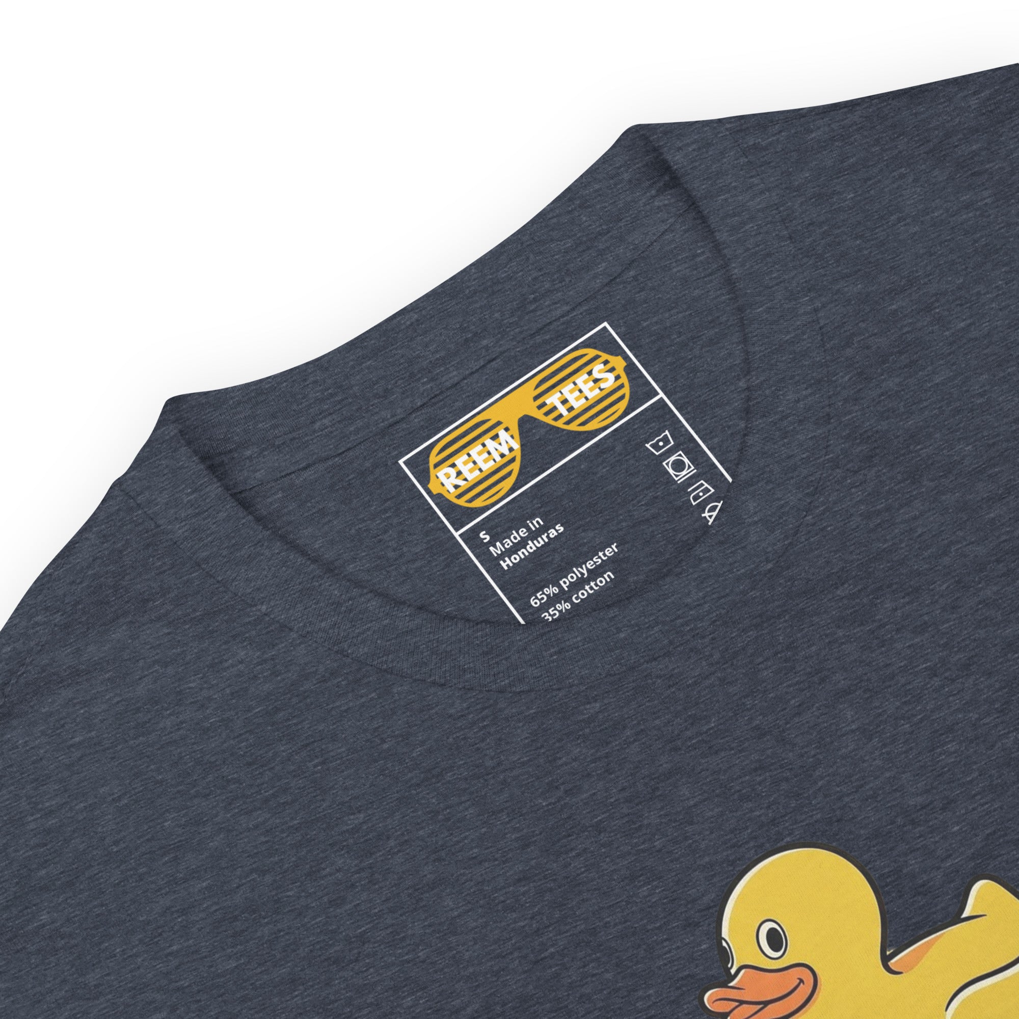 Heather navy unisex classic tee featuring the Ducks Are Reem light logo from Reem Tees.