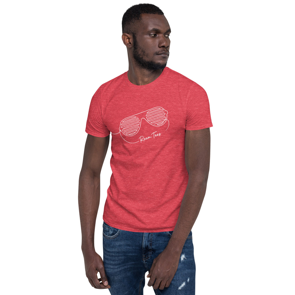 Unisex short-sleeve t-shirt by Reem Tees in heather red featuring a light line art logo design on the front.