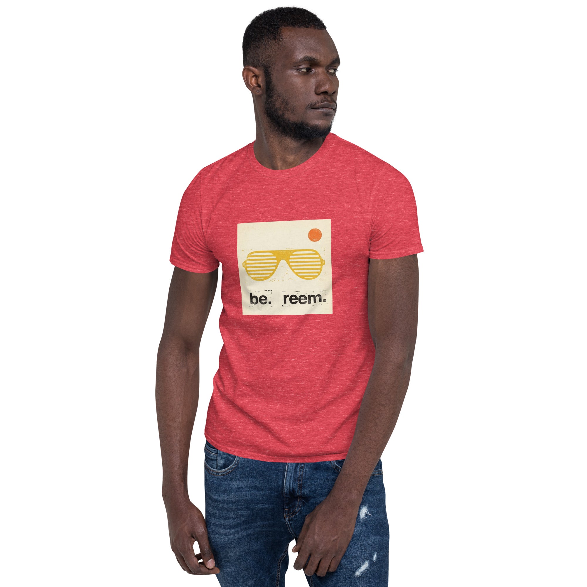 Unisex classic tee in heather red by Reem Tees, featuring a soft style and simple front design.
