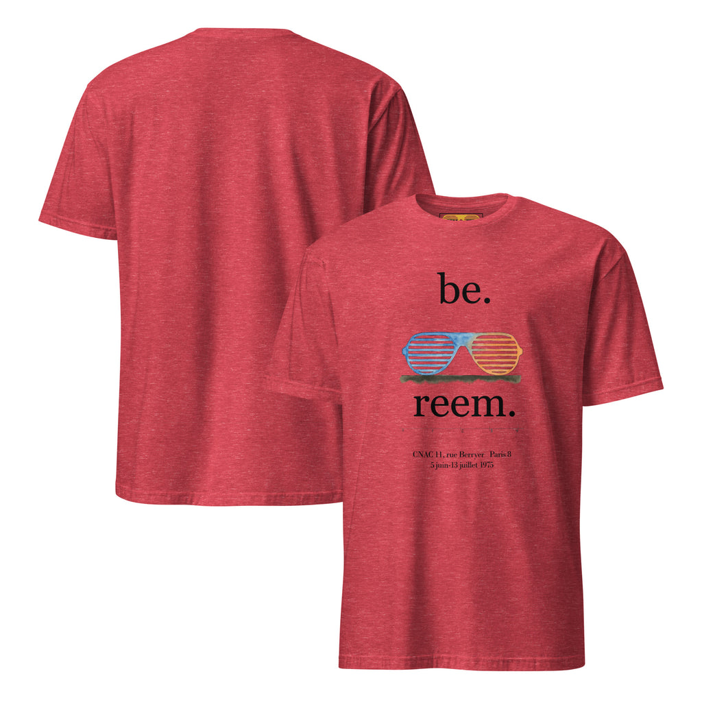 Unisex short-sleeve t-shirt in heather red featuring the Be Reem Les Lalanne dark logo from Reem Tees, front and back view.