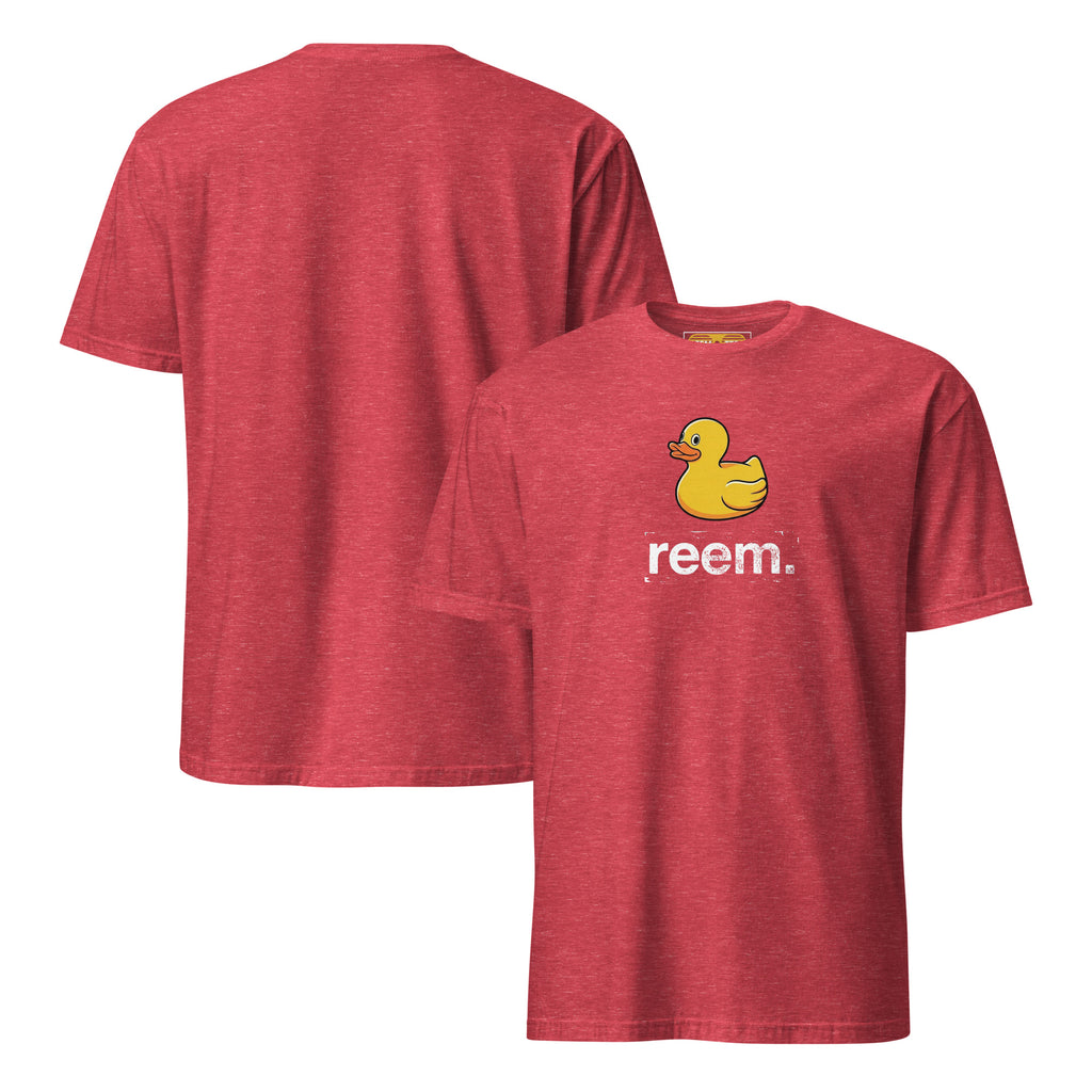 Unisex classic tee in heather red featuring Ducks Are Reem light logo on the front and back by Reem Tees.