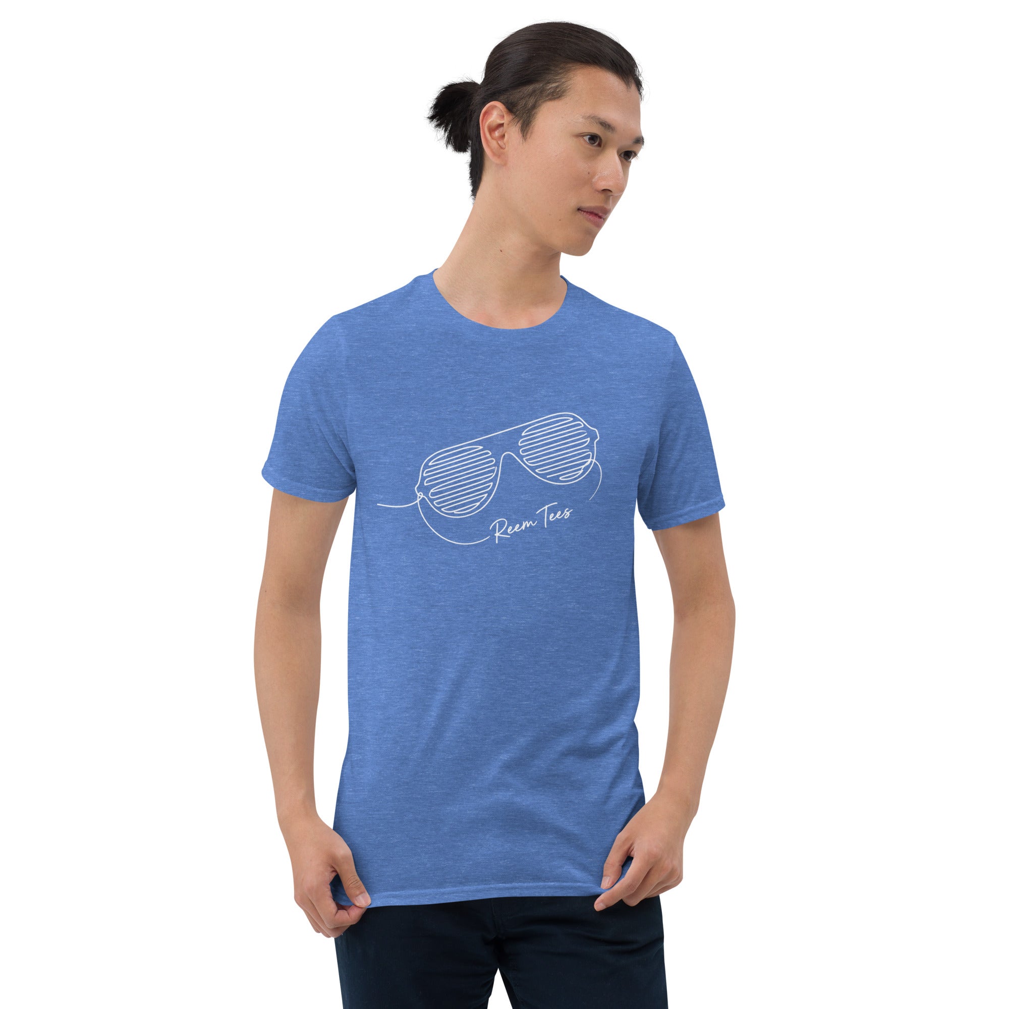 Unisex short-sleeve t-shirt in heather royal featuring light logo line art by Reem Tees.