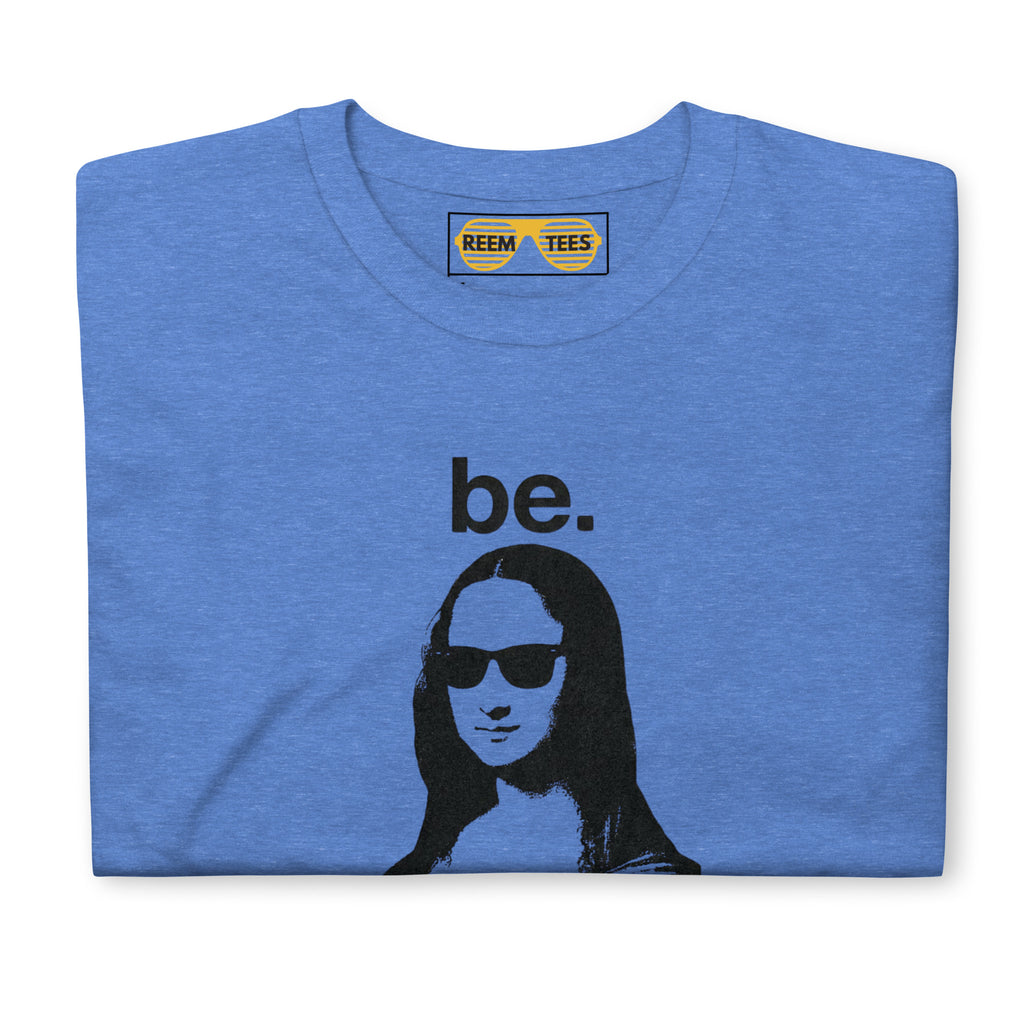 Unisex Be Reem Mona Lisa Classic Tee in heather royal, featuring a relaxed fit and soft fabric texture.