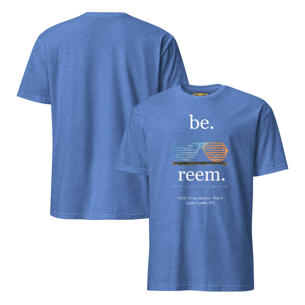 Front and back view of Be Reem La Lalanne light logo unisex short-sleeve T-shirt in heather royal by Reem Tees.