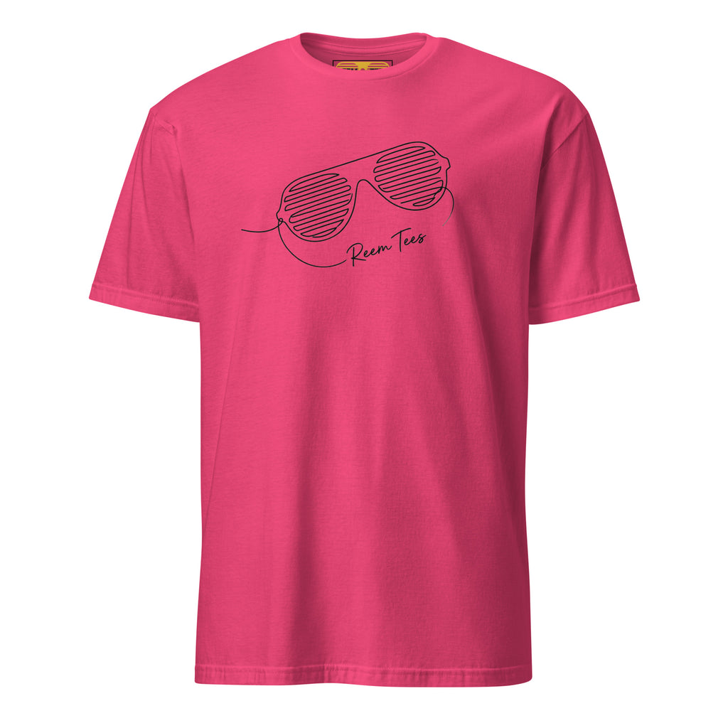 Classic unisex tee by Reem Tees featuring a dark line art logo on a softstyle fabric in heliconia color.