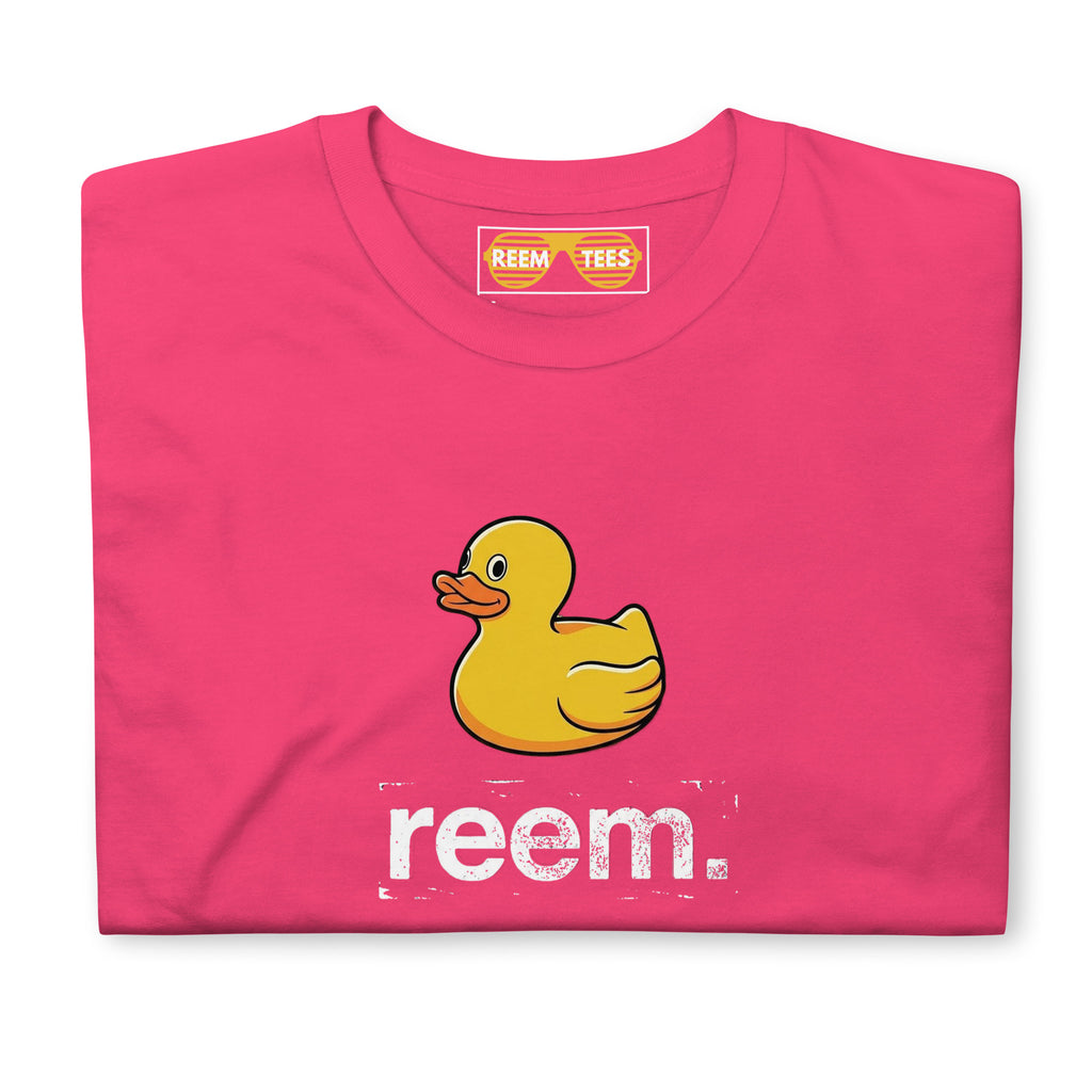 Unisex CLASSIC tee in heliconia featuring the Ducks Are Reem light logo by Reem Tees. Softstyle fabric.