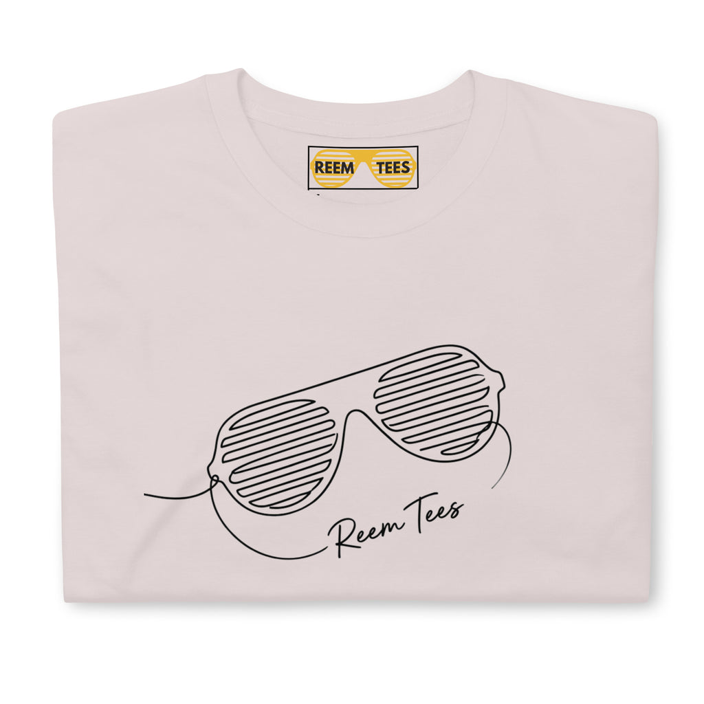 Classic unisex tee in ice grey featuring Be Reem line art dark logo by Reem Tees, shown from the front.