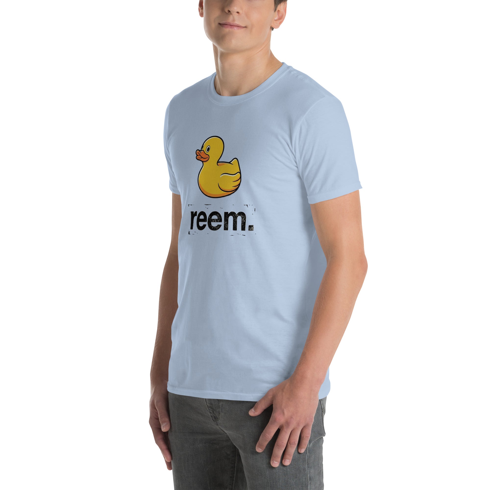 Light blue unisex classic tee featuring the Ducks Are Reem dark logo by Reem Tees, displayed from the left front view.