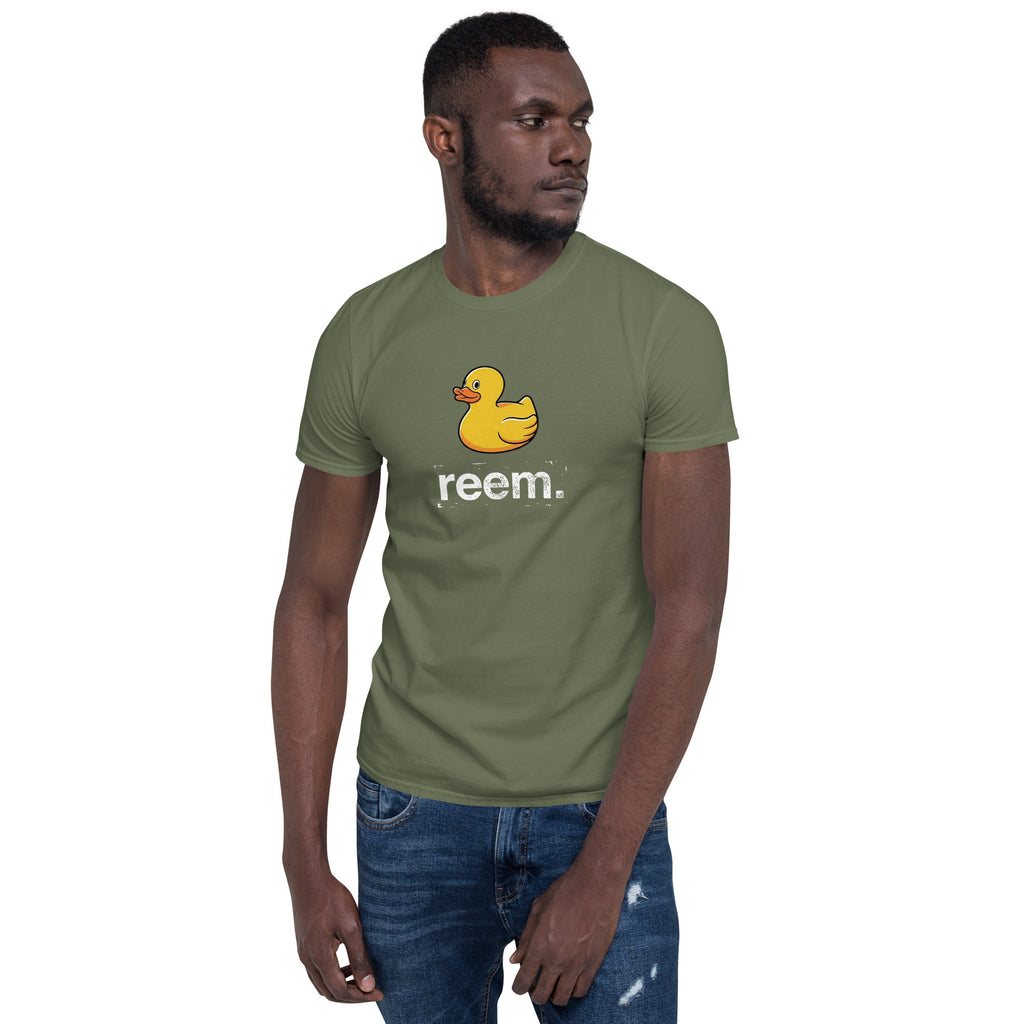Military green unisex tee featuring the Ducks Are Reem light logo by Reem Tees, showcasing a classic fit design.