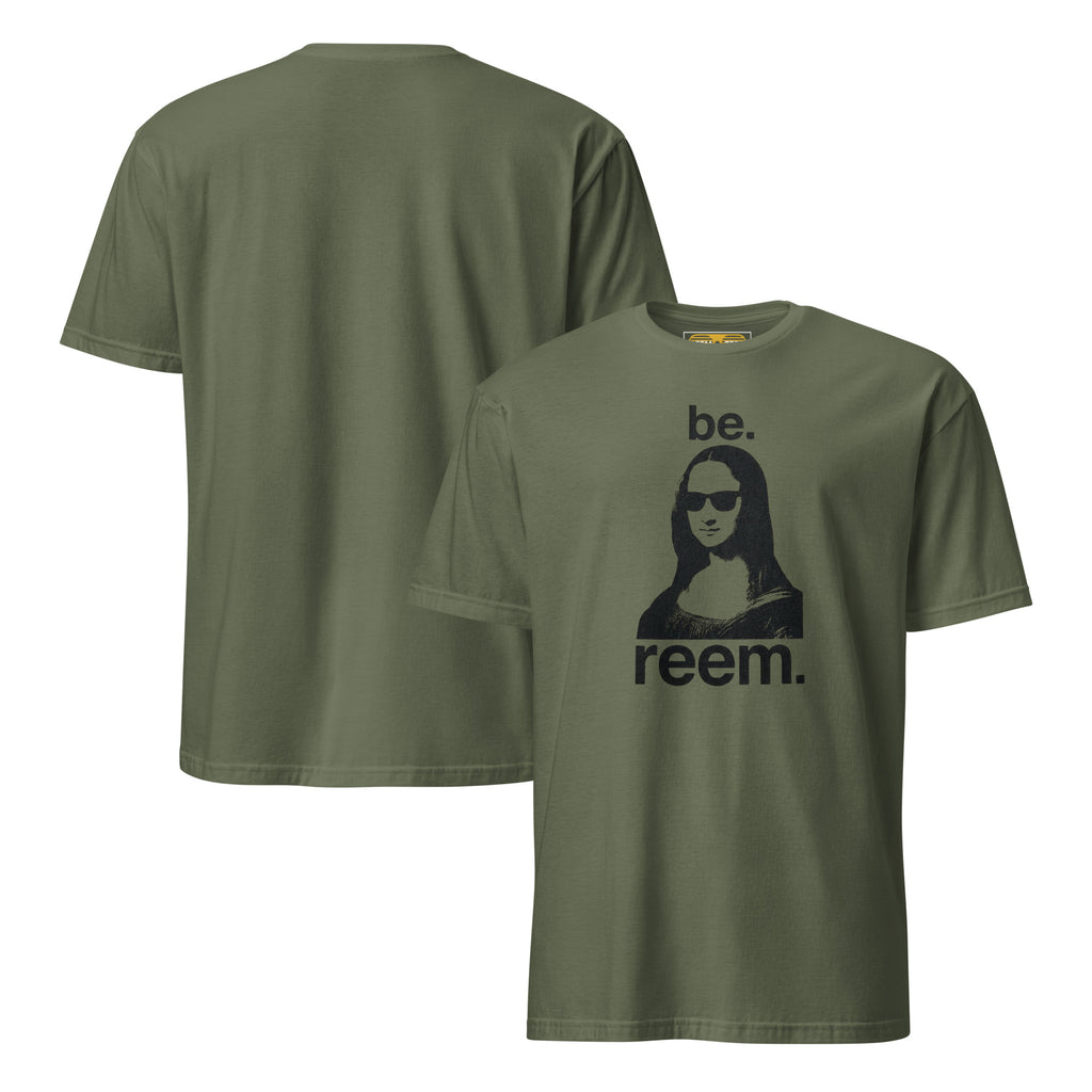 Unisex Be Reem Mona Lisa classic tee in military green, featuring front and back designs on softstyle fabric.